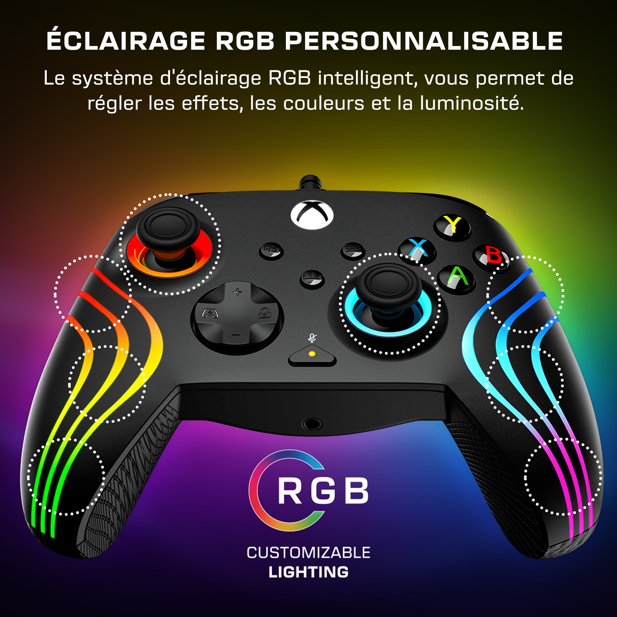 Manette Xbox noire avec éclairage RGB personnalisable sur fond multicolore.