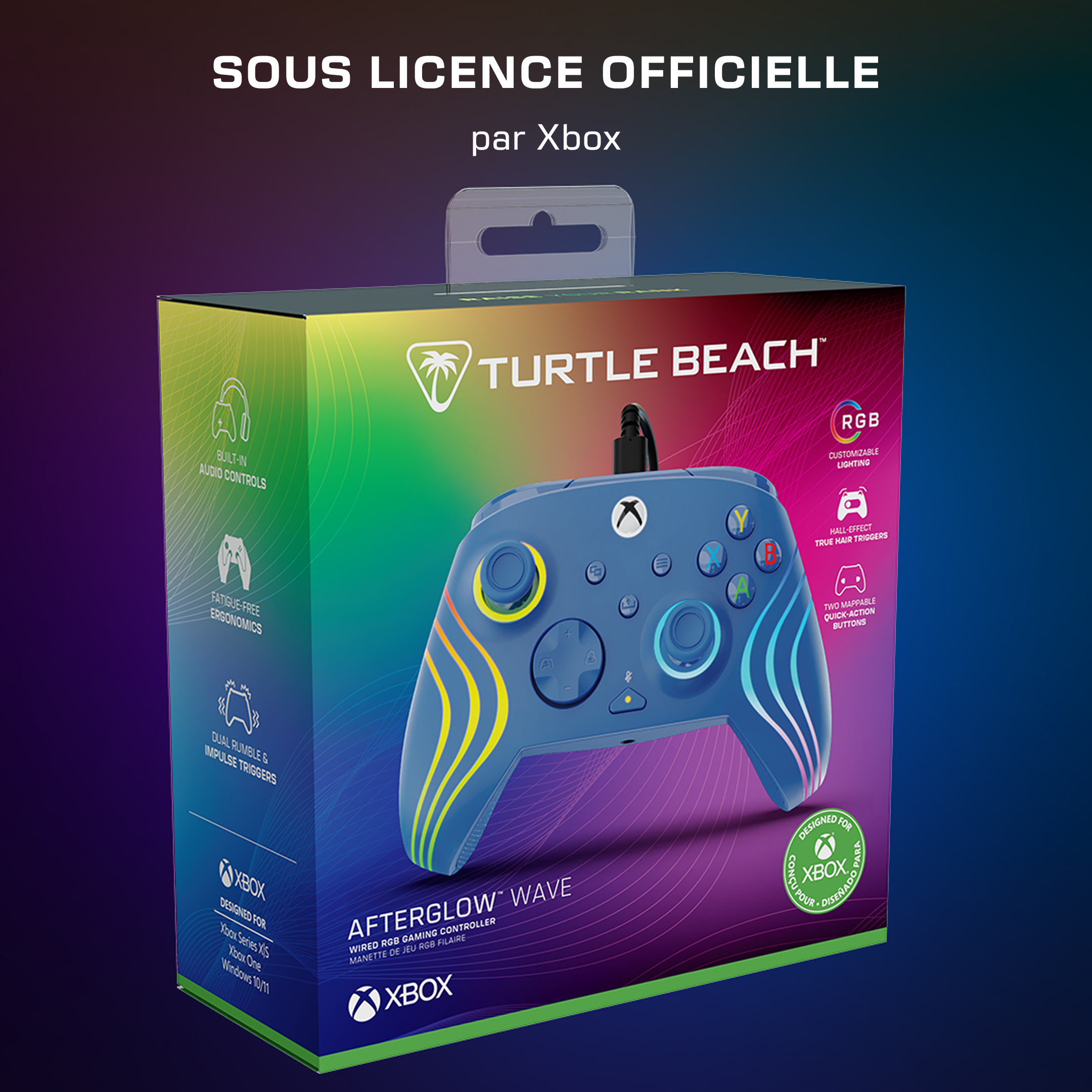 Emballage d'une manette Xbox bleue Turtle Beach Afterglow Wave avec des bandes colorées.