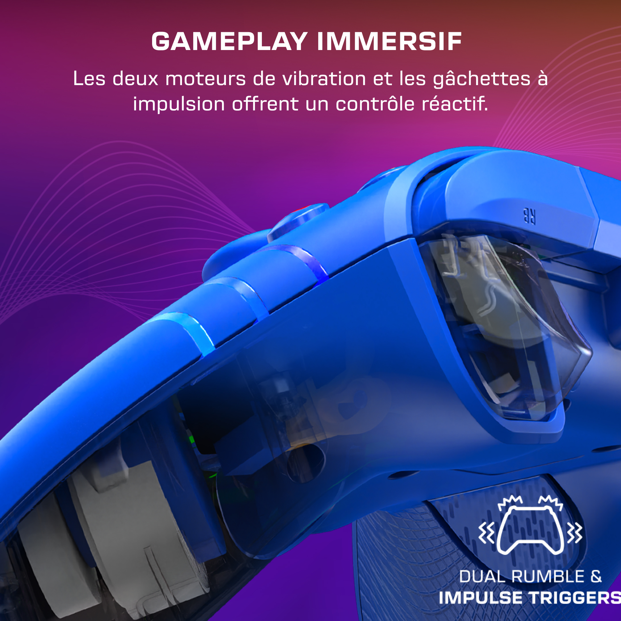 Gros plan d'une manette bleue avec des gâchettes transparentes et du texte sur le contrôle réactif.