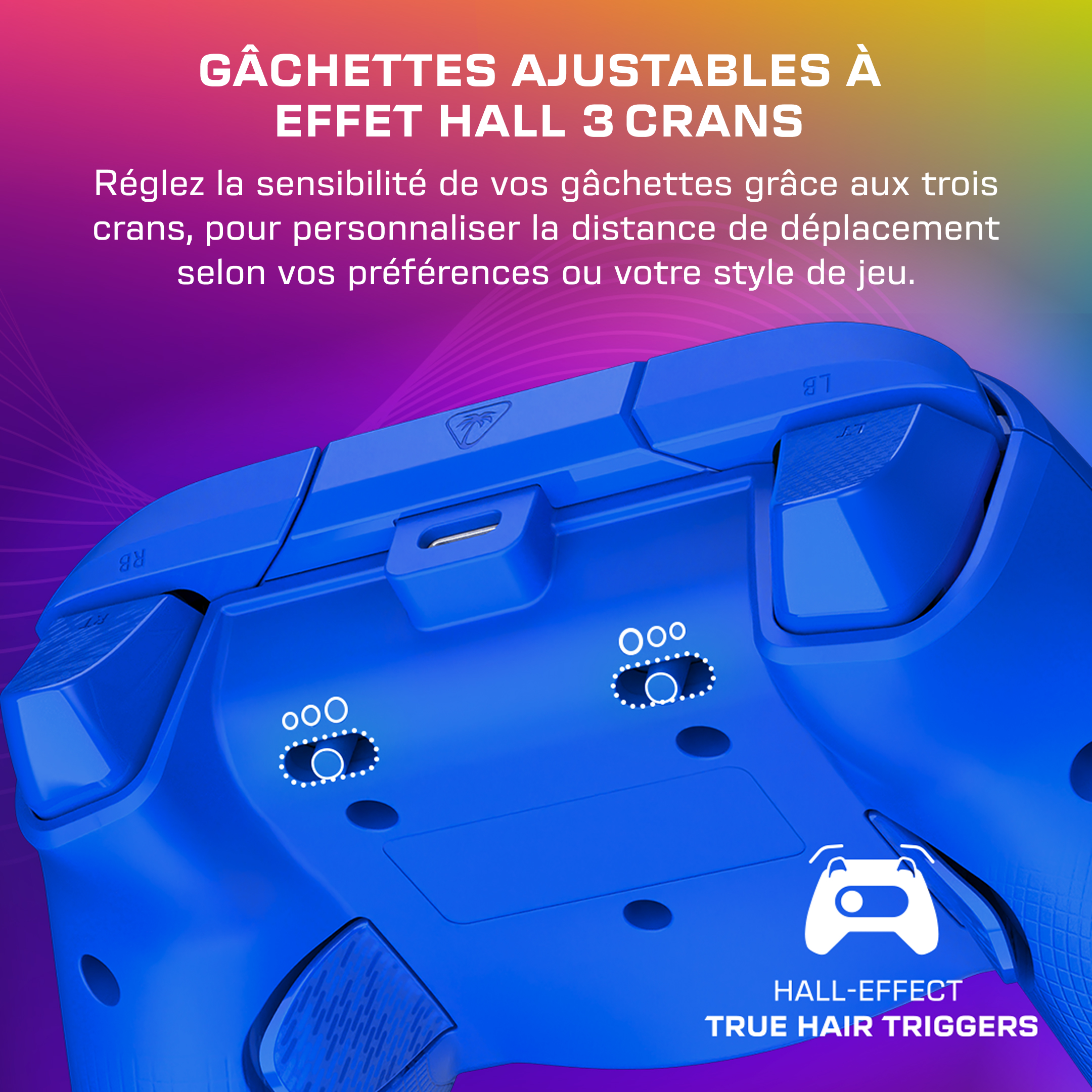 Arrière d'une manette bleue avec gâchettes à effet Hall ajustables sur trois crans.