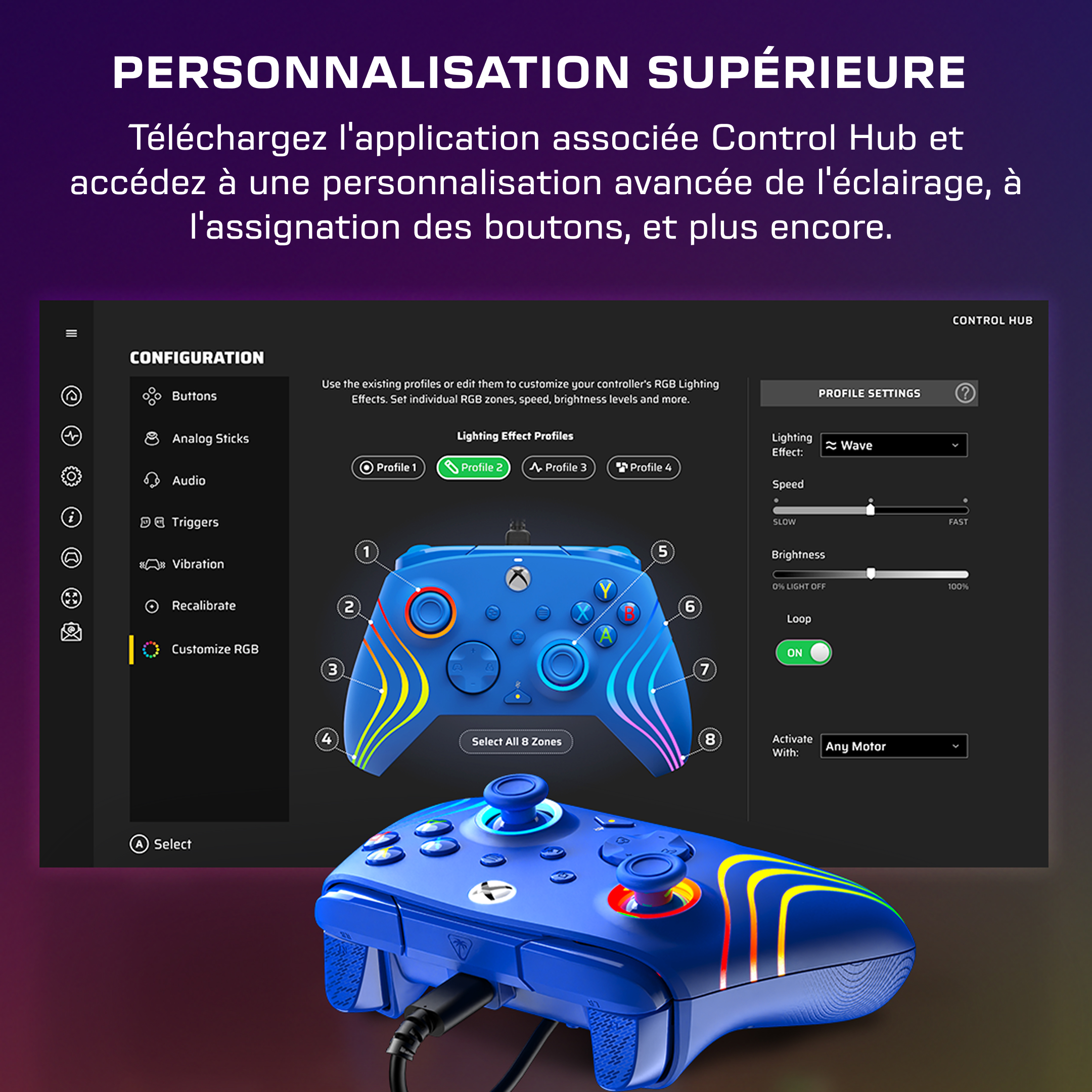 Logiciel Control Hub affichant la personnalisation de la manette bleue.