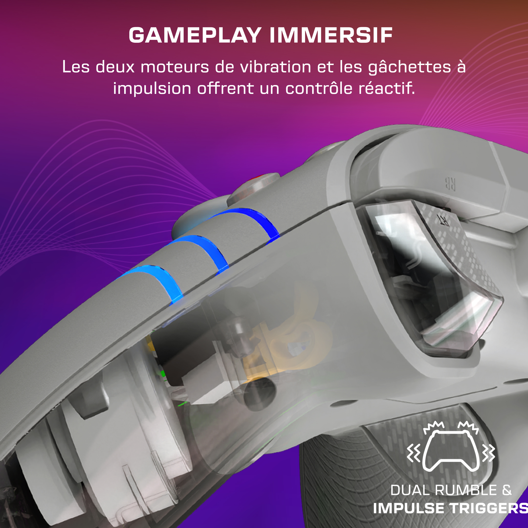 Gros plan d'une manette montrant les moteurs de vibration internes et gâchettes à impulsion sur fond violet.