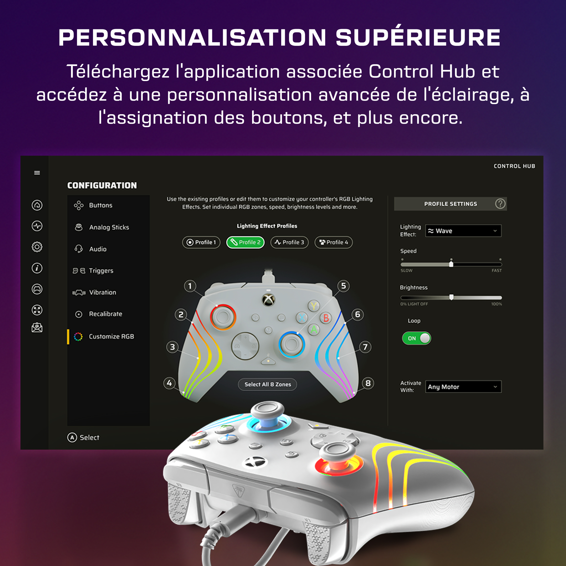 Écran montrant la personnalisation d'une manette avec options d'éclairage RGB et manette réelle.