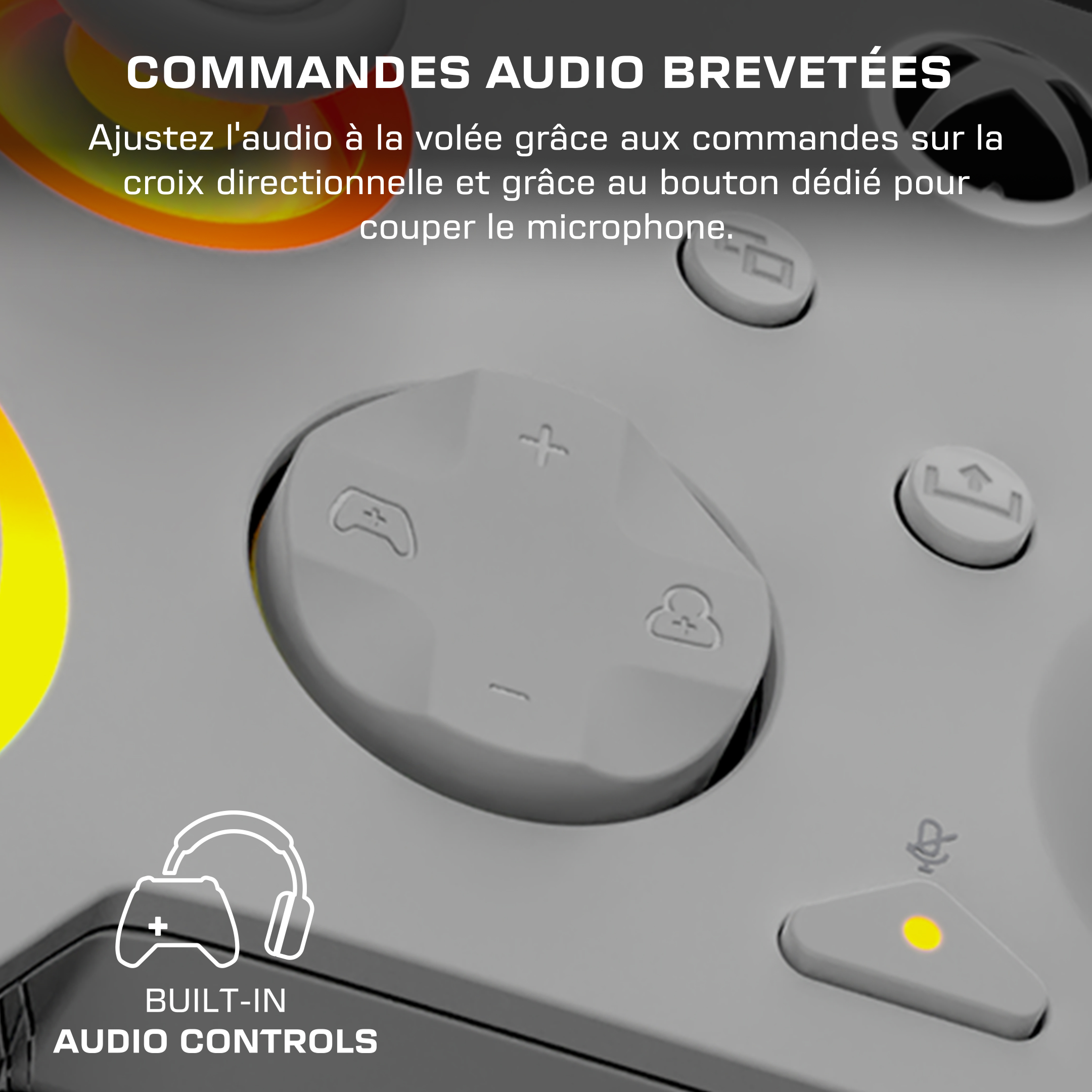 Croix directionnelle et bouton muet avec voyant LED jaune.