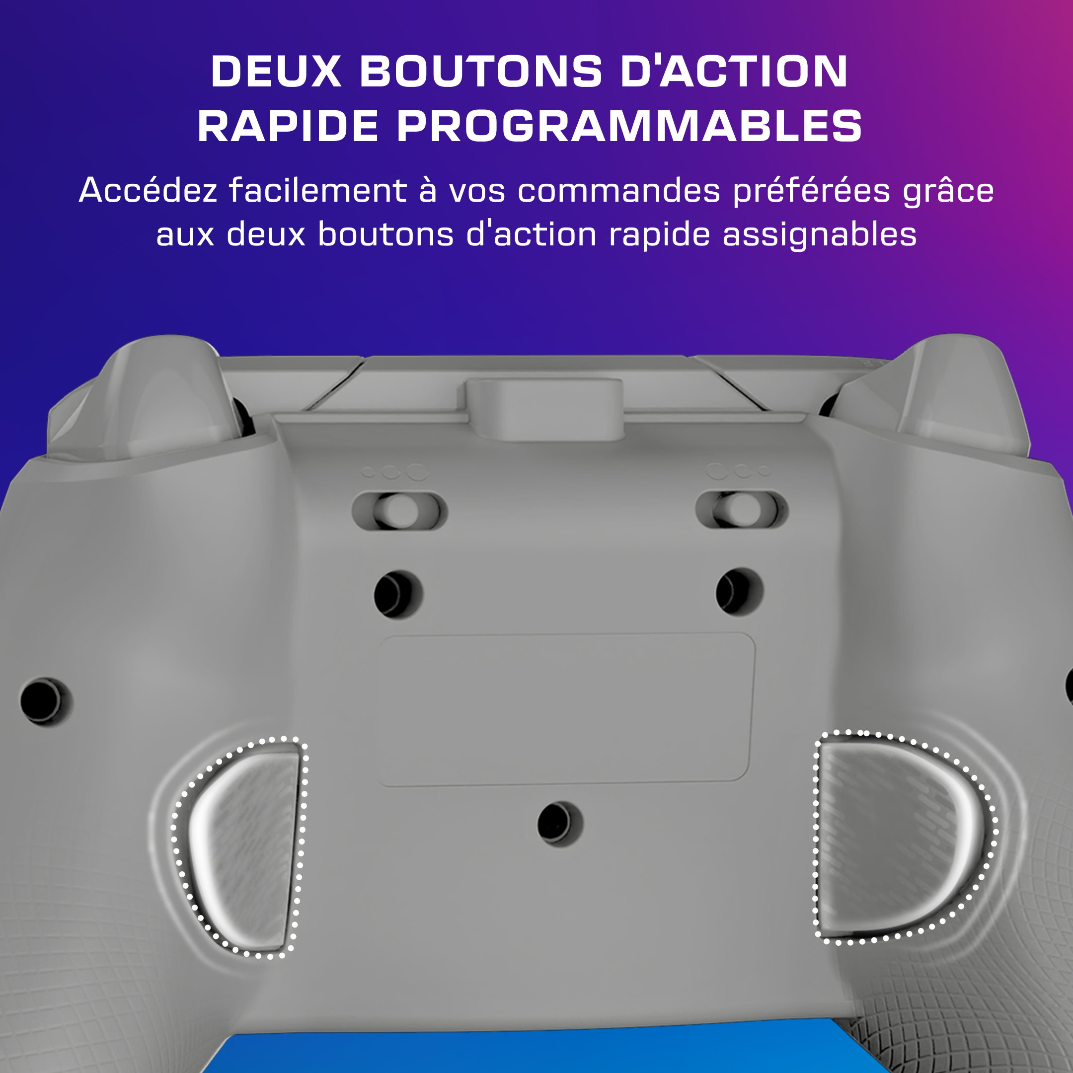 Arrière d'une manette avec deux boutons d'action rapide programmables et du texte sur fond violet.