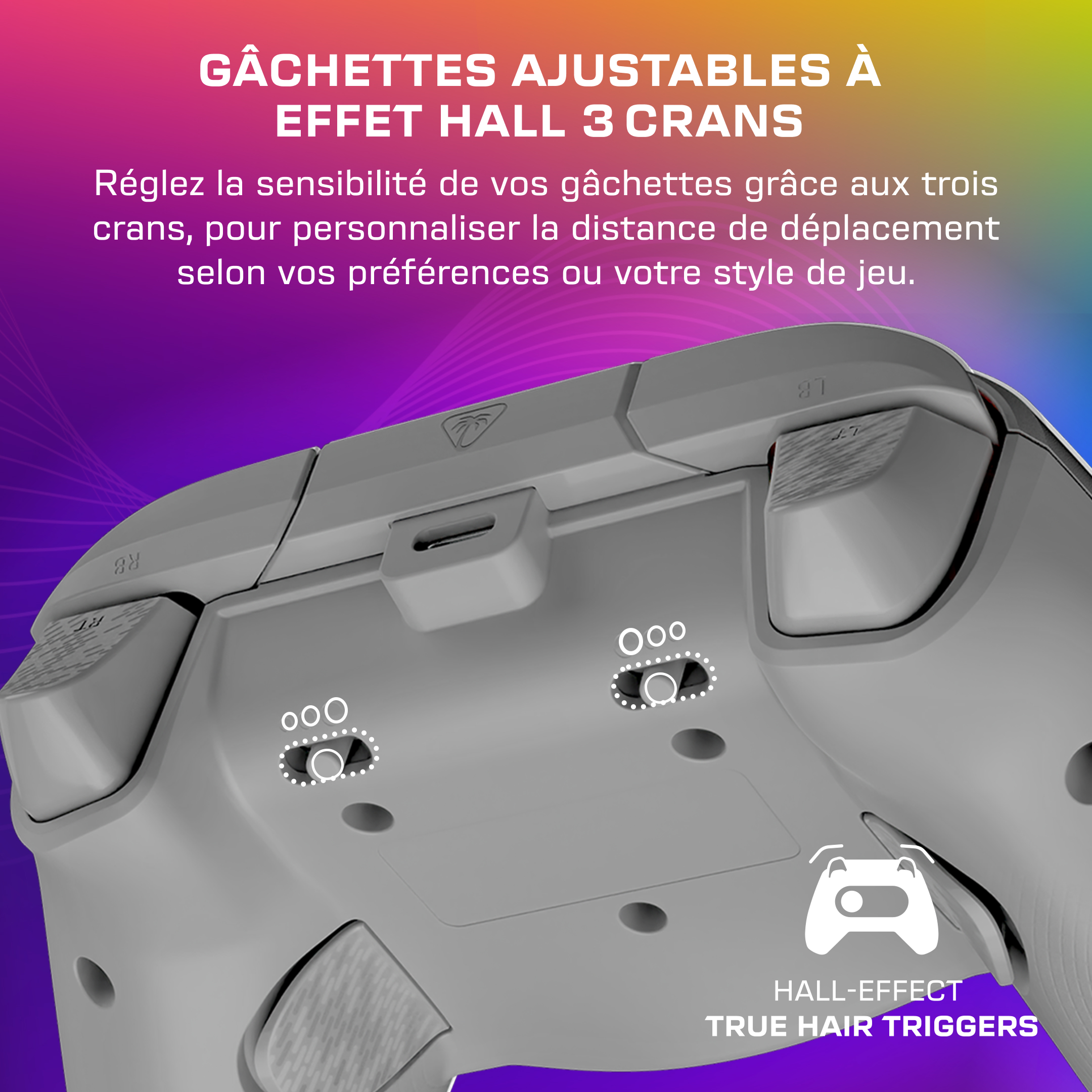 Gros plan sur l'arrière d'une manette grise, mettant en valeur des gâchettes à effet Hall ajustables.