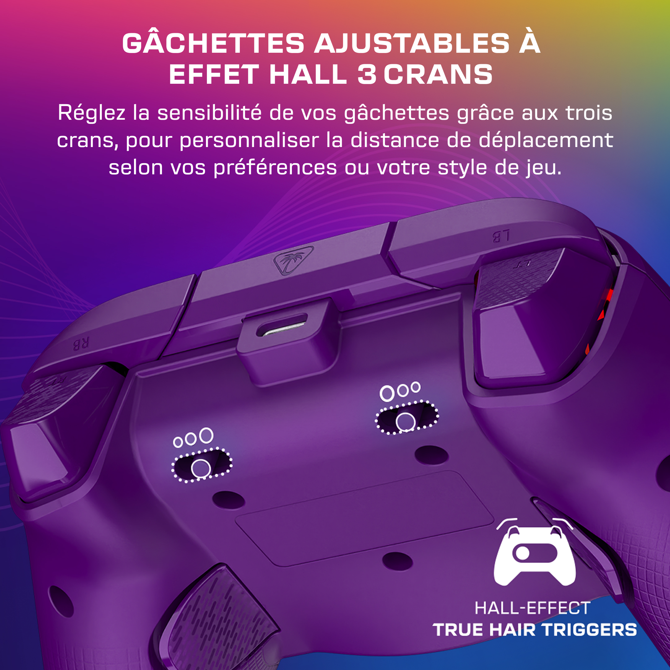 Gros plan sur l'arrière d'une manette violette avec gâchettes réglables et détails à effet Hall.