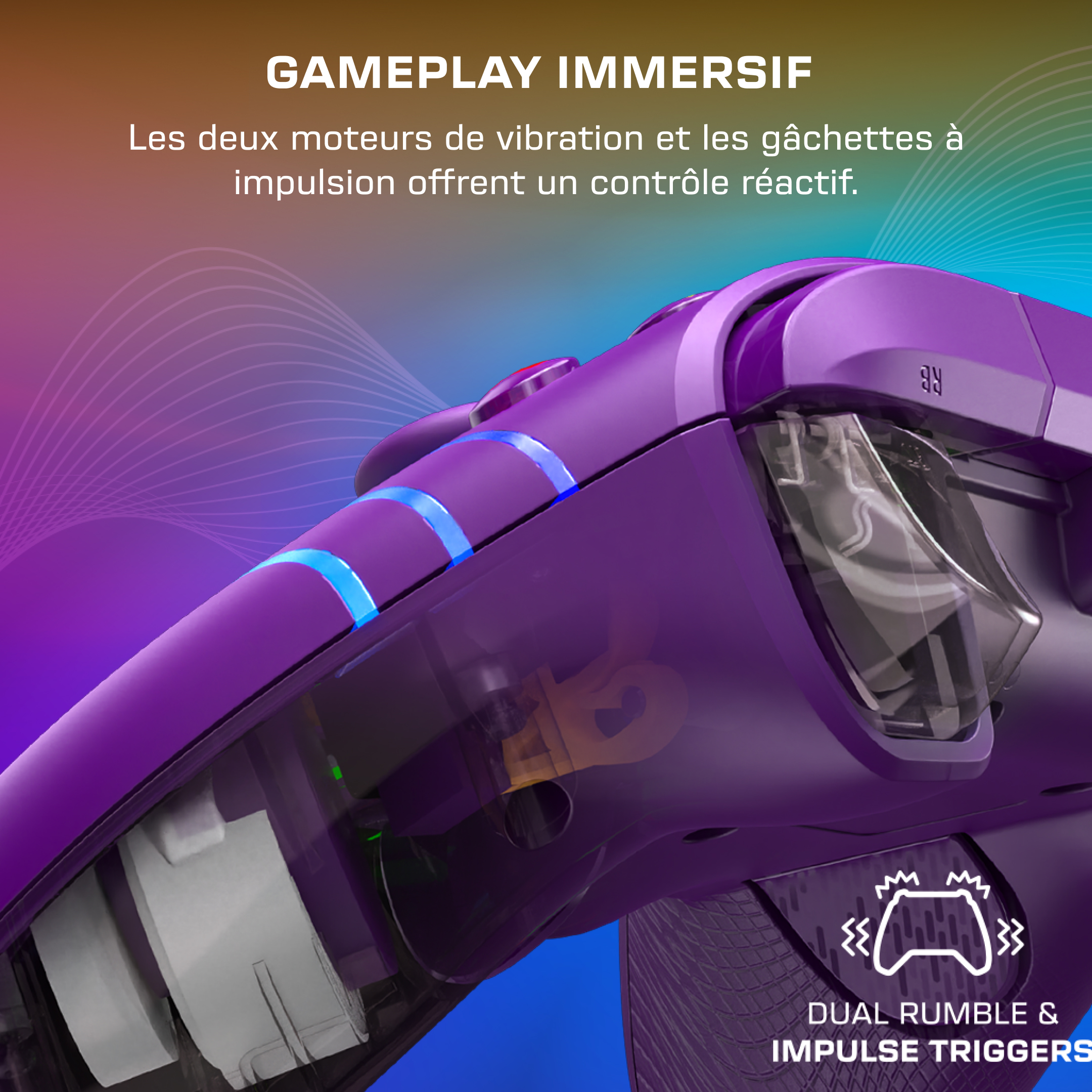 Gros plan d'une manette de jeu violette avec coque translucide et lumières bleues.
