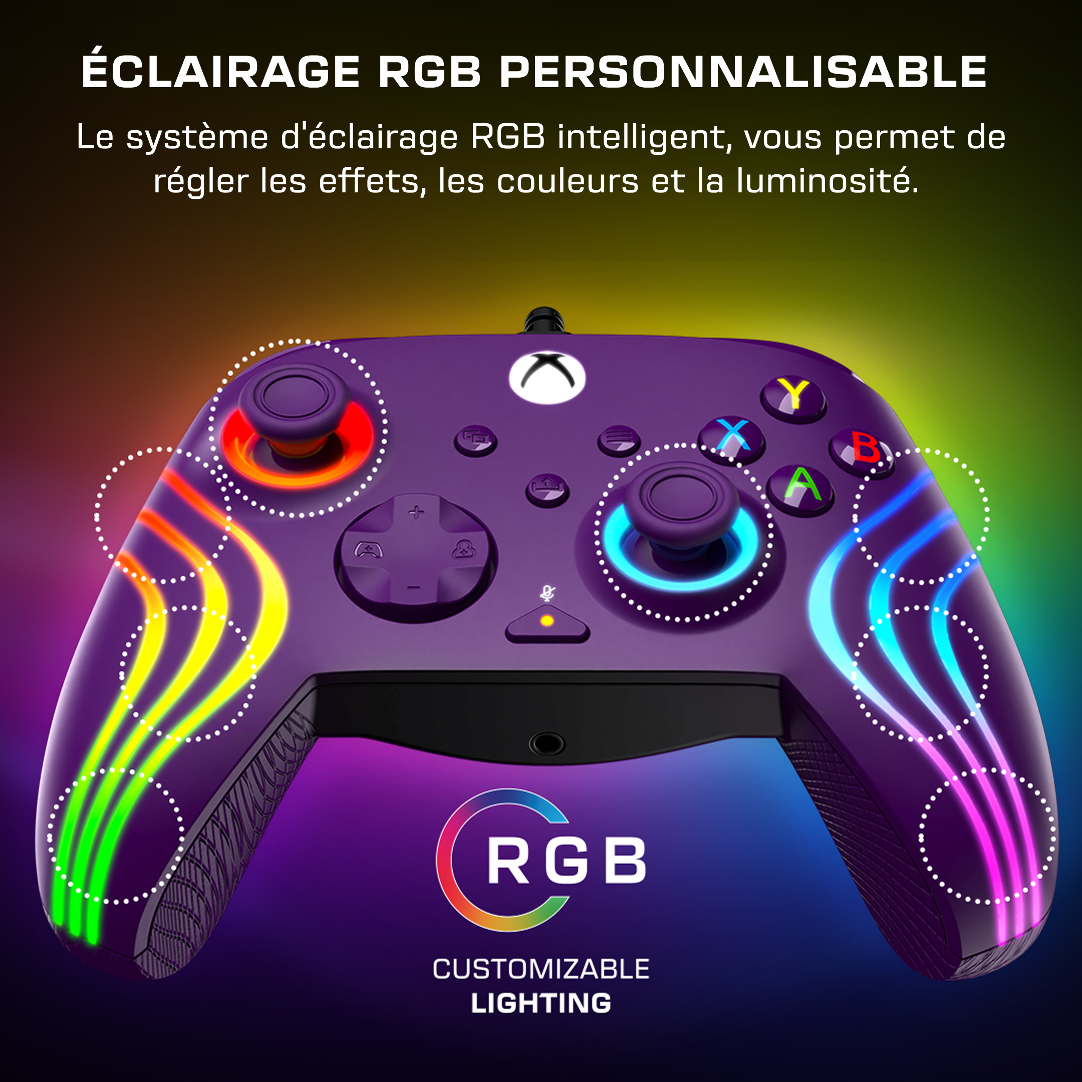 Manette Xbox violette avec éclairage RGB personnalisable et effets lumineux.