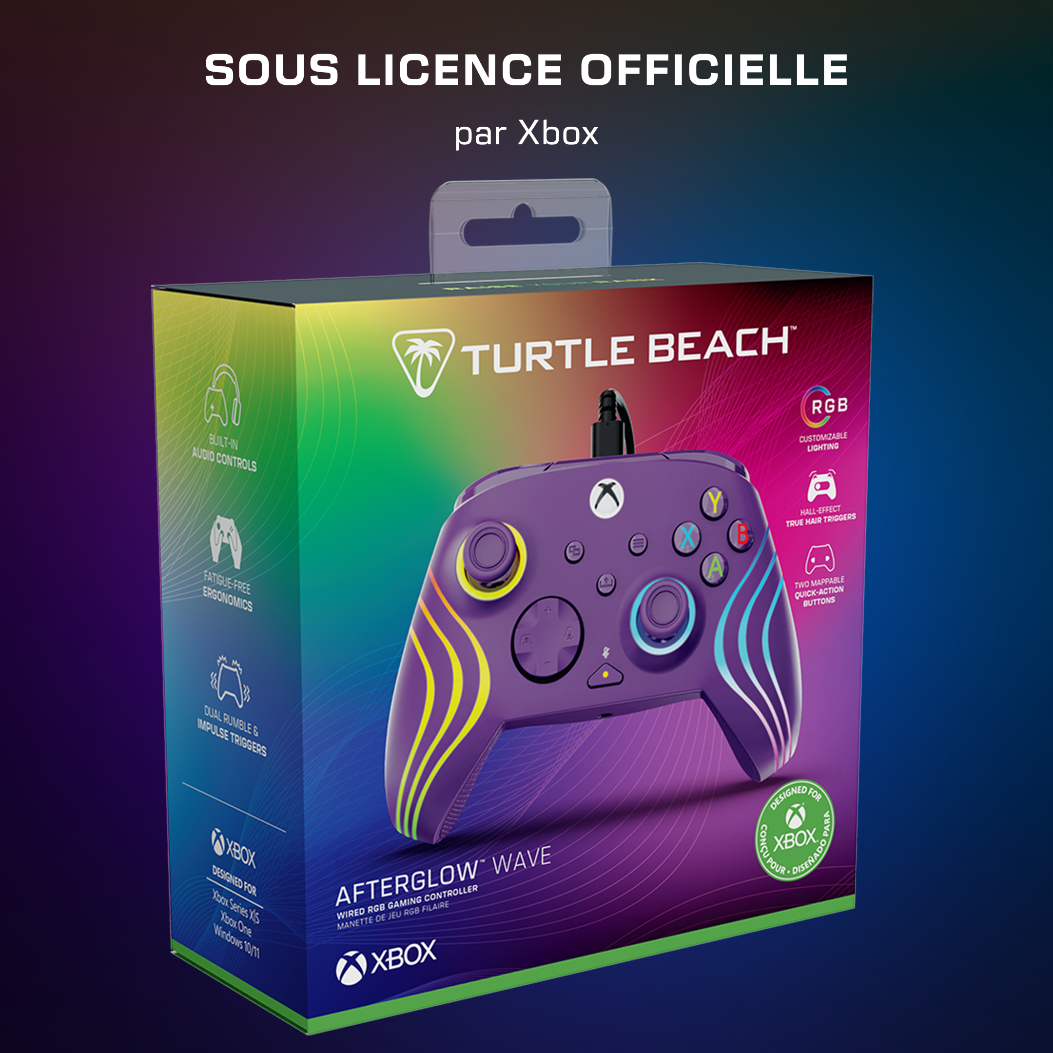 Manette Xbox Turtle Beach Afterglow Wave sous licence officielle dans un emballage coloré.