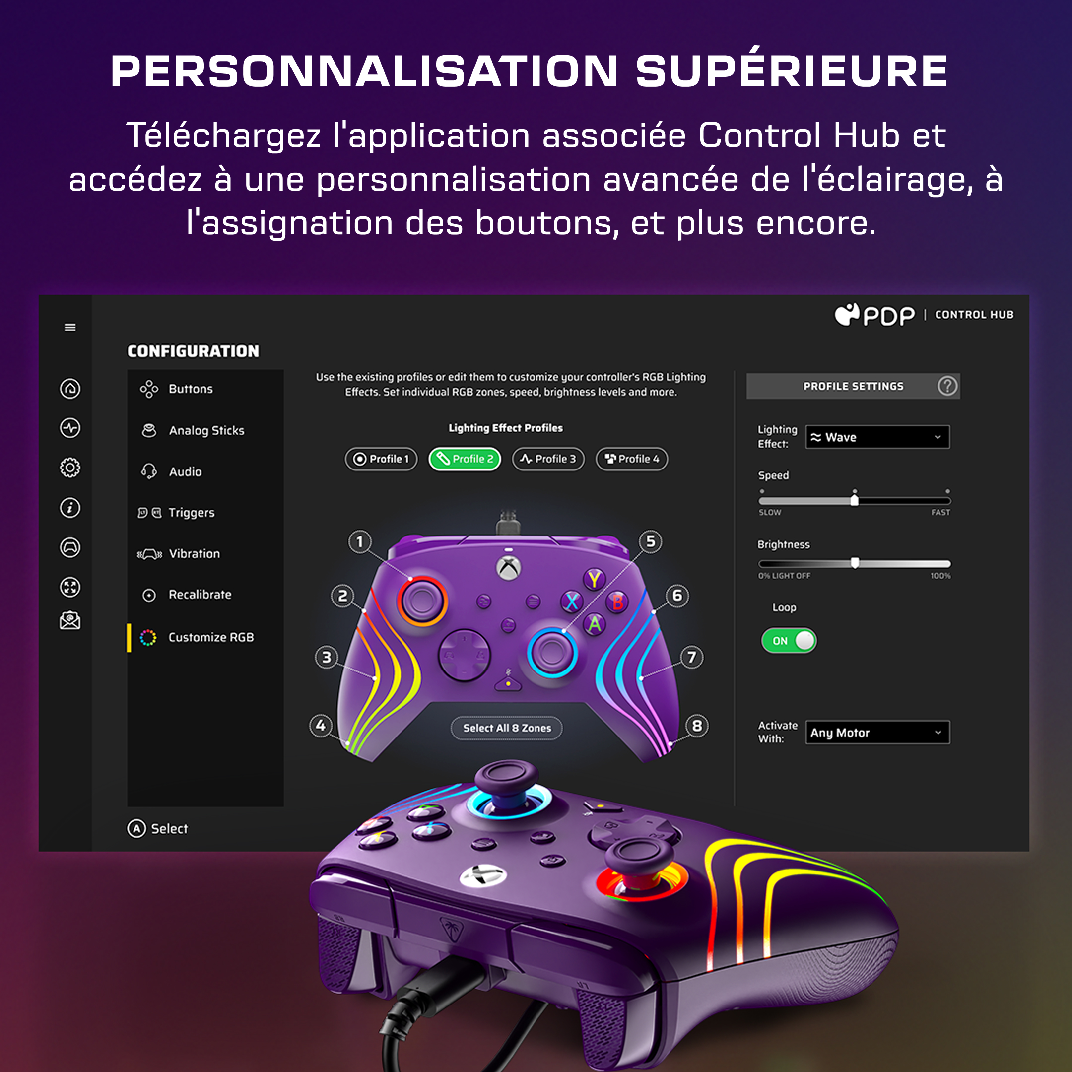 Capture de l'appli PDP Control Hub montrant la personnalisation RVB d'une manette violette.