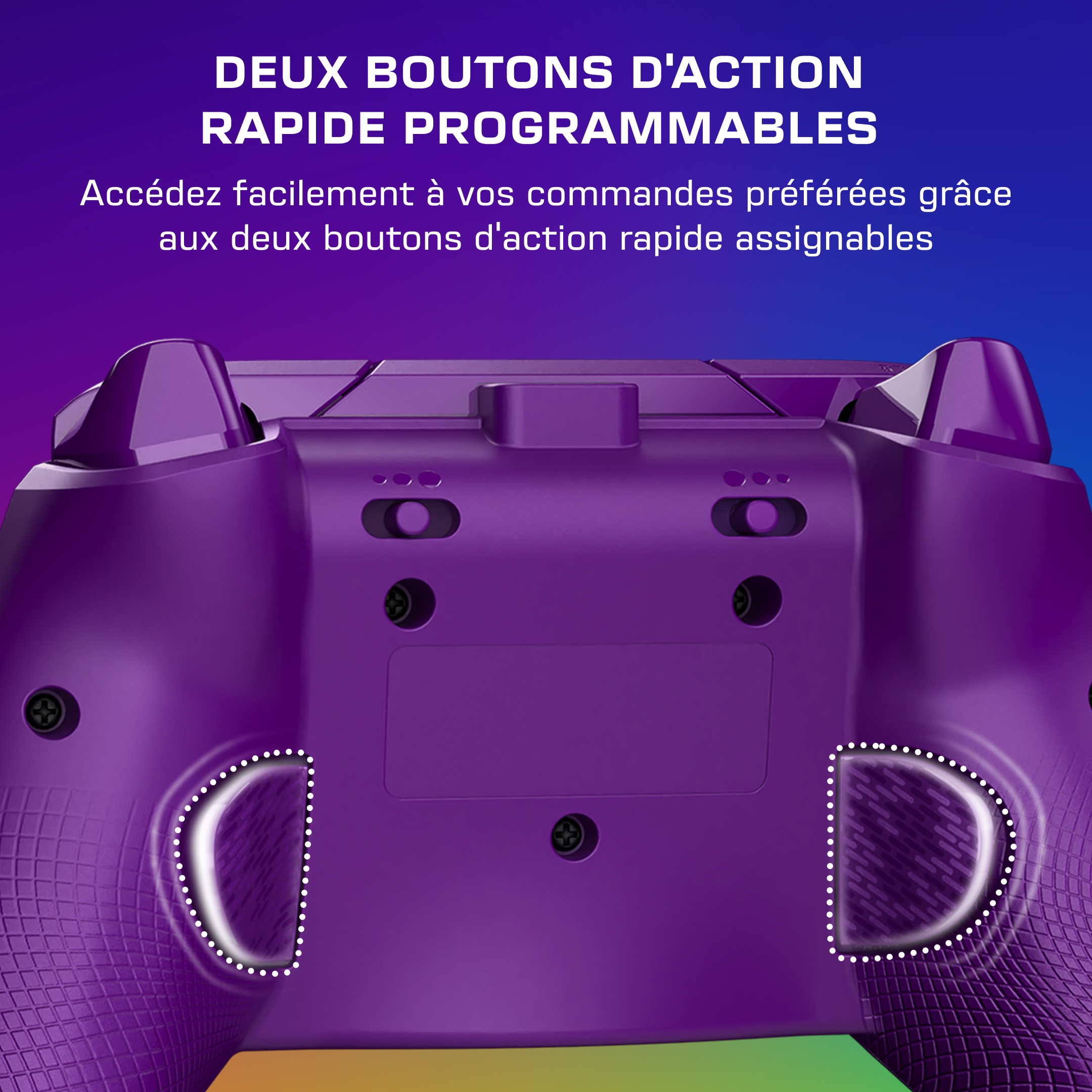 Arrière d'une manette violette avec deux boutons d'action programmables et du texte sur fond bleu.