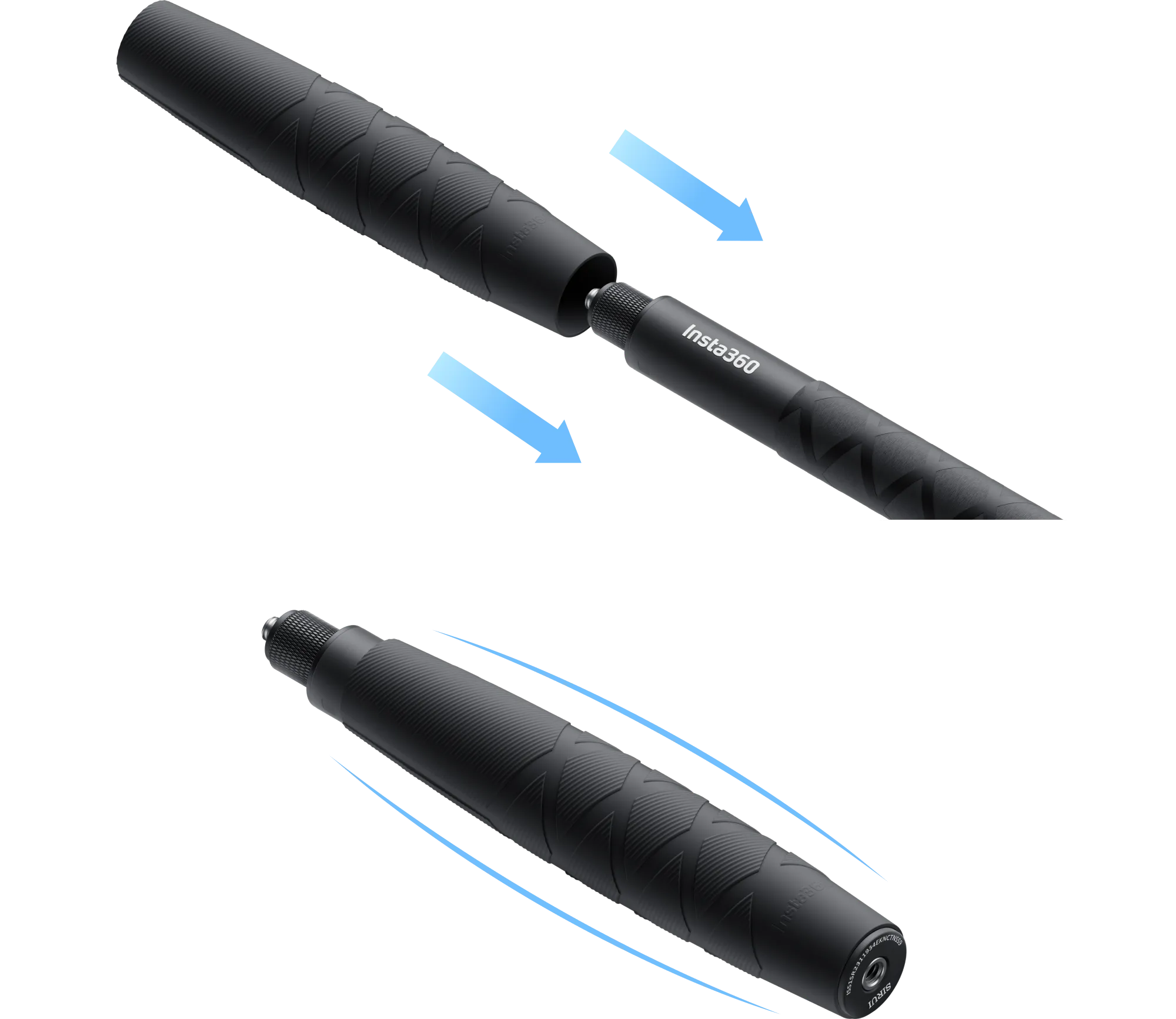 Két nézet mutatja egy fekete Insta360 szelfibot kihúzását és elforgatását kék nyilakkal.