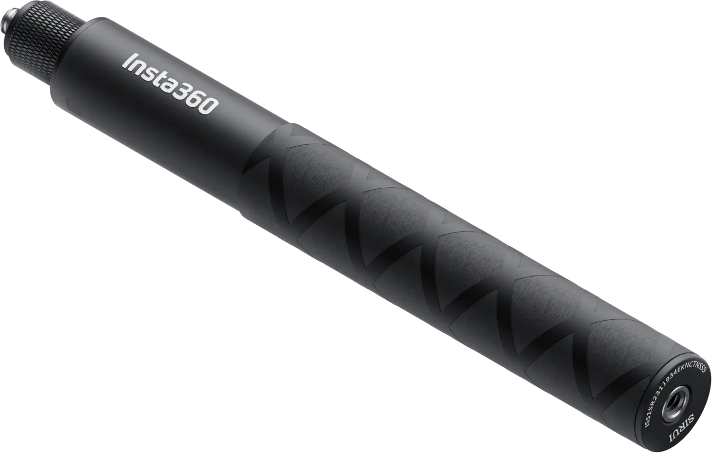 Fekete Insta360 szelfibot texturált markolattal és fehér logóval fekete háttér előtt.