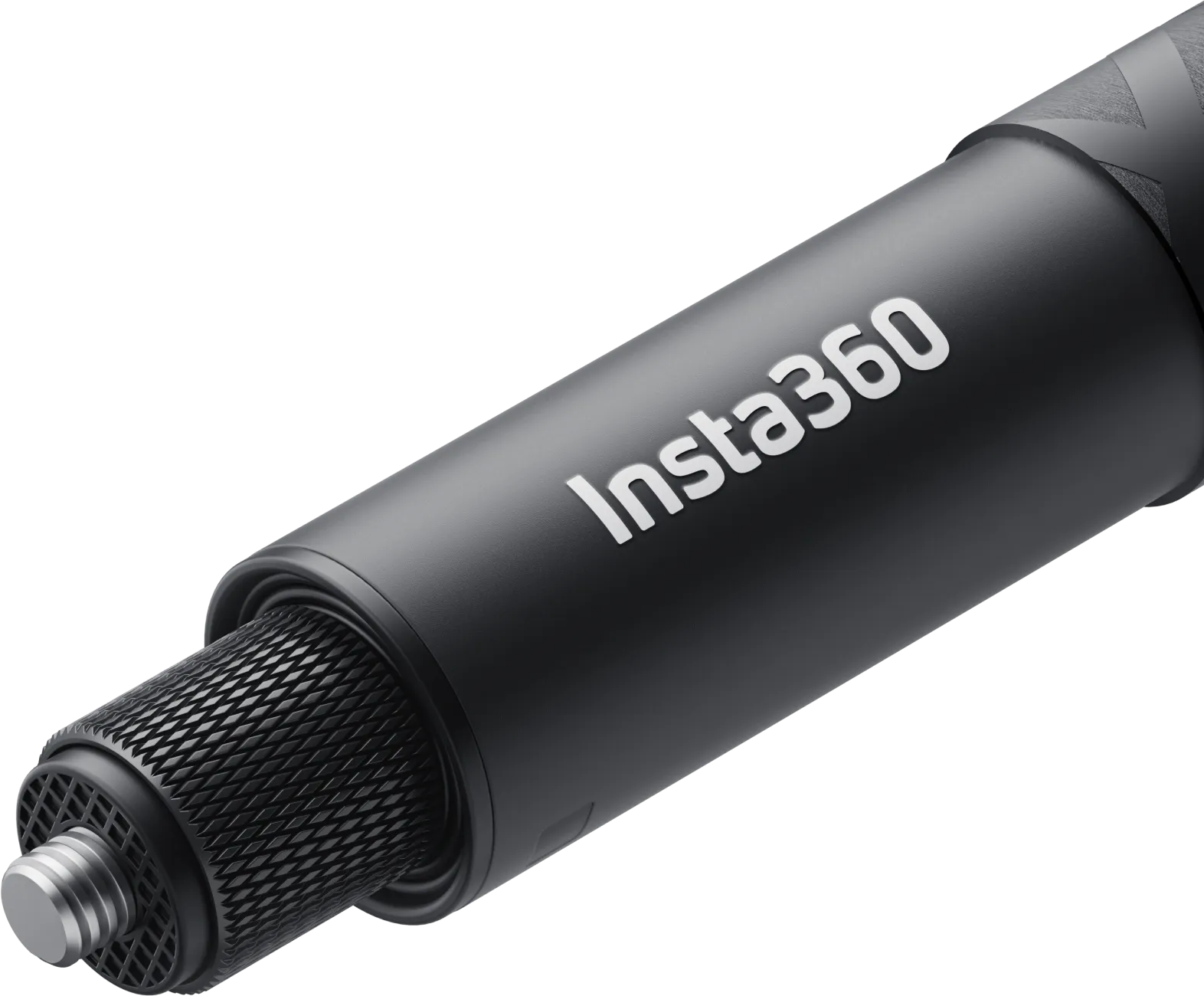 Egy fekete Insta360 szelfibot fehér logóval és ezüst csavarral fekete háttér előtt.