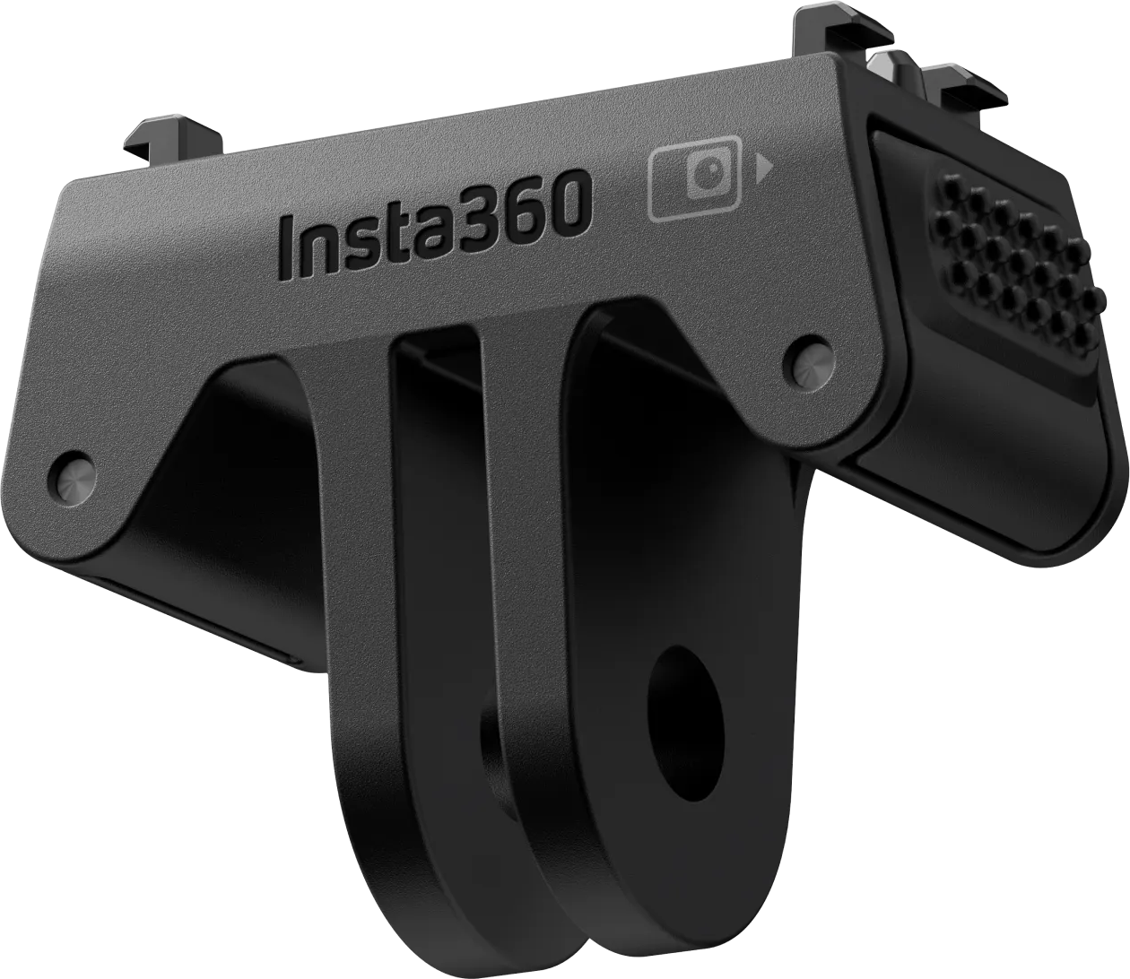 Egy fekete Insta360 tartókonzol márkajelzéssel és rögzítőfülekkel fekete háttér előtt.