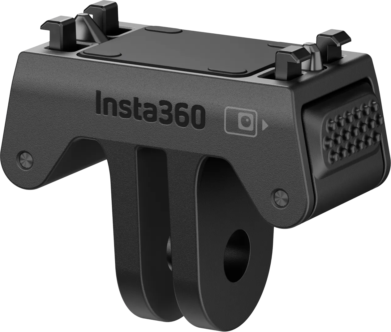 Fekete Insta360 kamera tartó szerelőfülekkel fekete háttér előtt.
