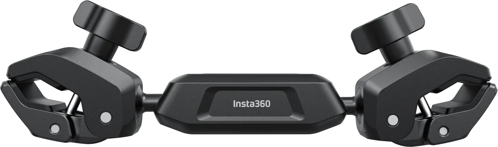 Fekete Insta360 duál bilincstartó két nagy bilinccsel és állítócsavarokkal fekete háttér előtt.