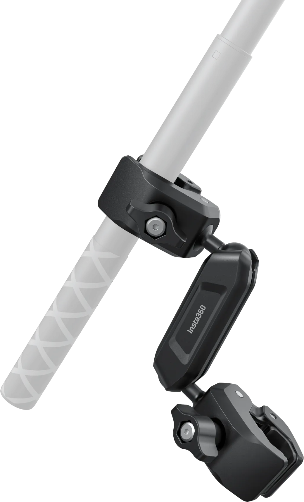 Fekete Insta360 többfunkciós bilincs egy szürke rúdon, fekete háttér előtt.