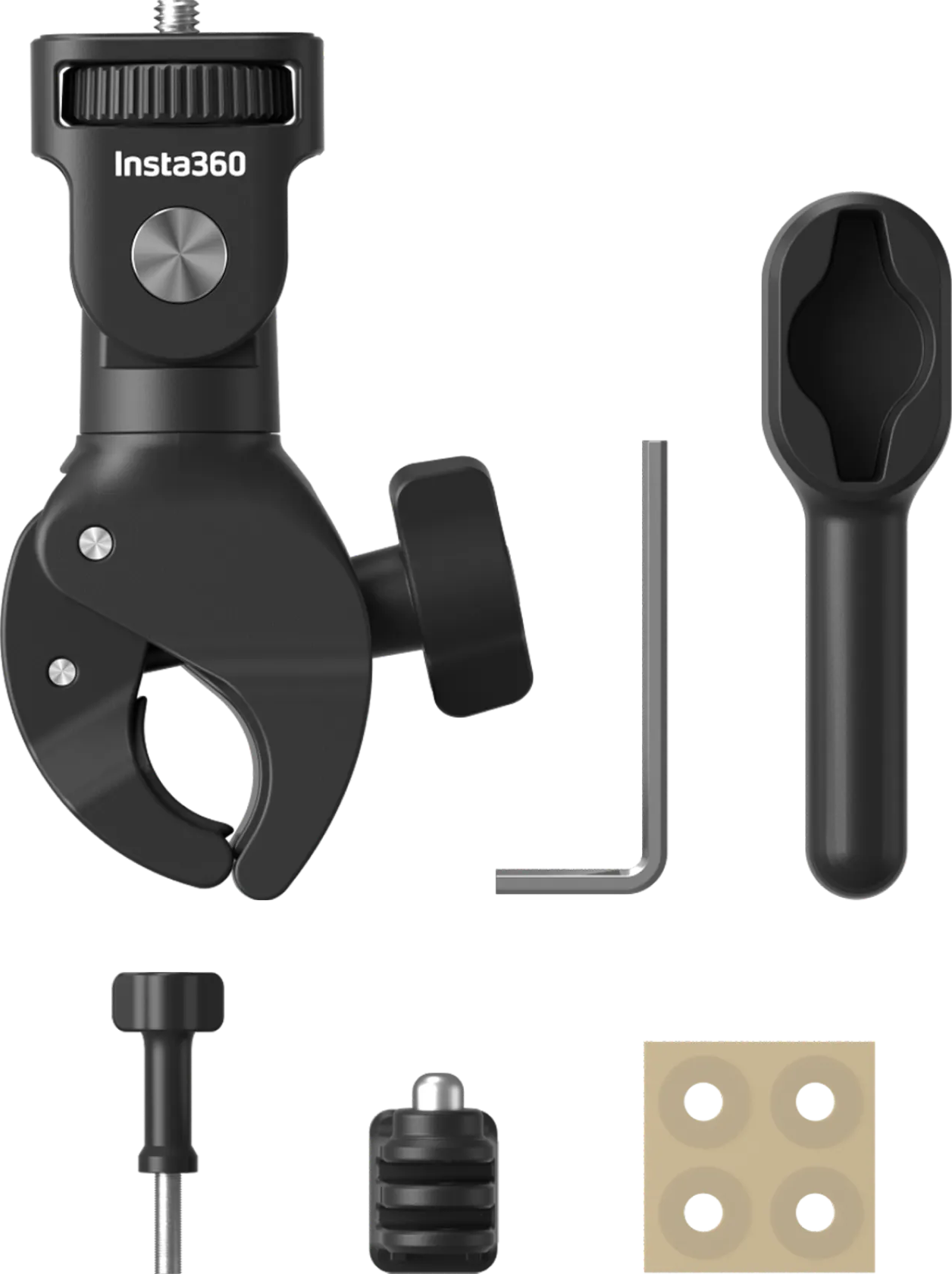 Fekete Insta360 kamera rögzítőkészlet bilincsel, imbuszkulccsal, csavarral és tartozékokkal fekete háttér előtt.