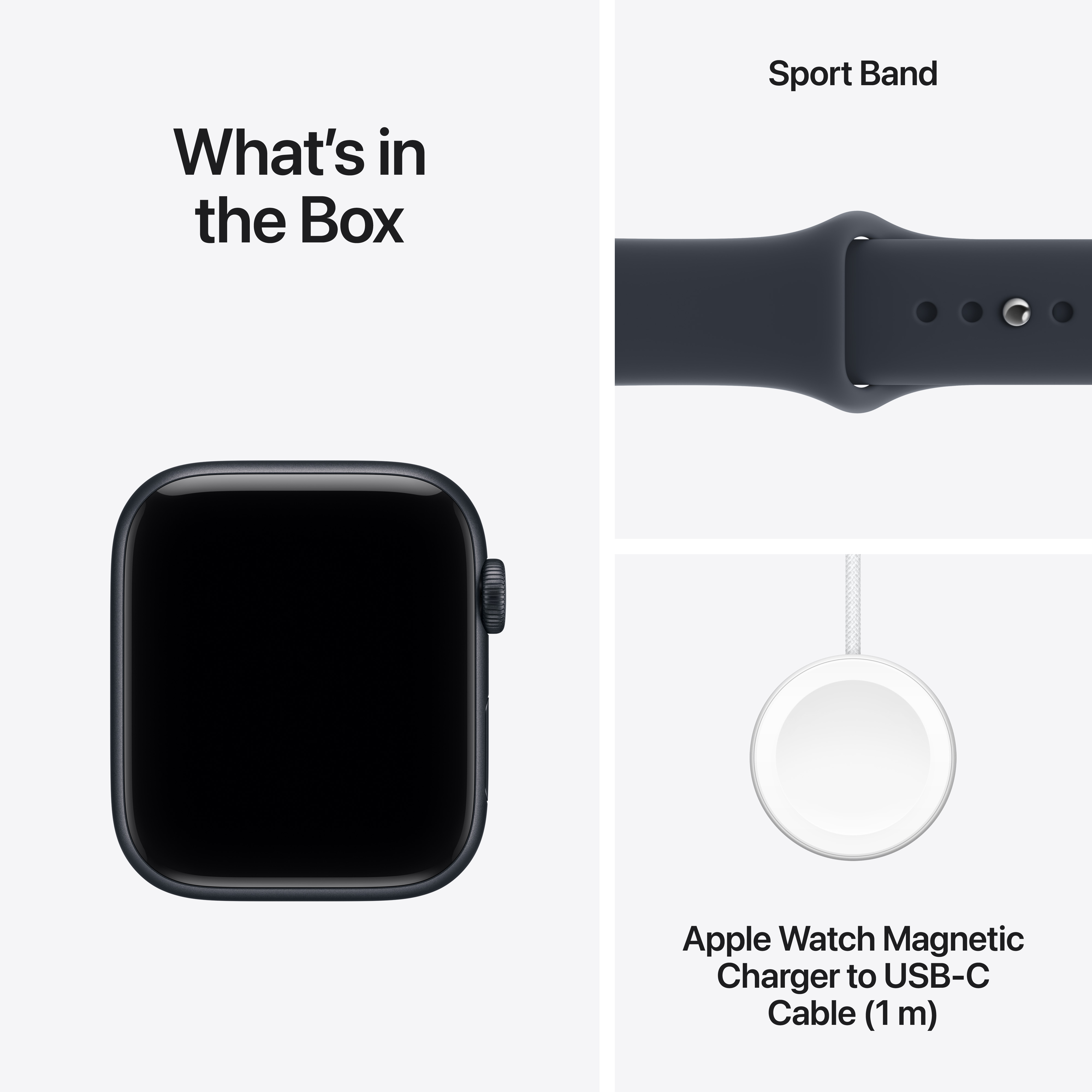 A doboz tartalma: Apple Watch, sportpánt és mágneses USB-C töltőkábel világos háttéren.