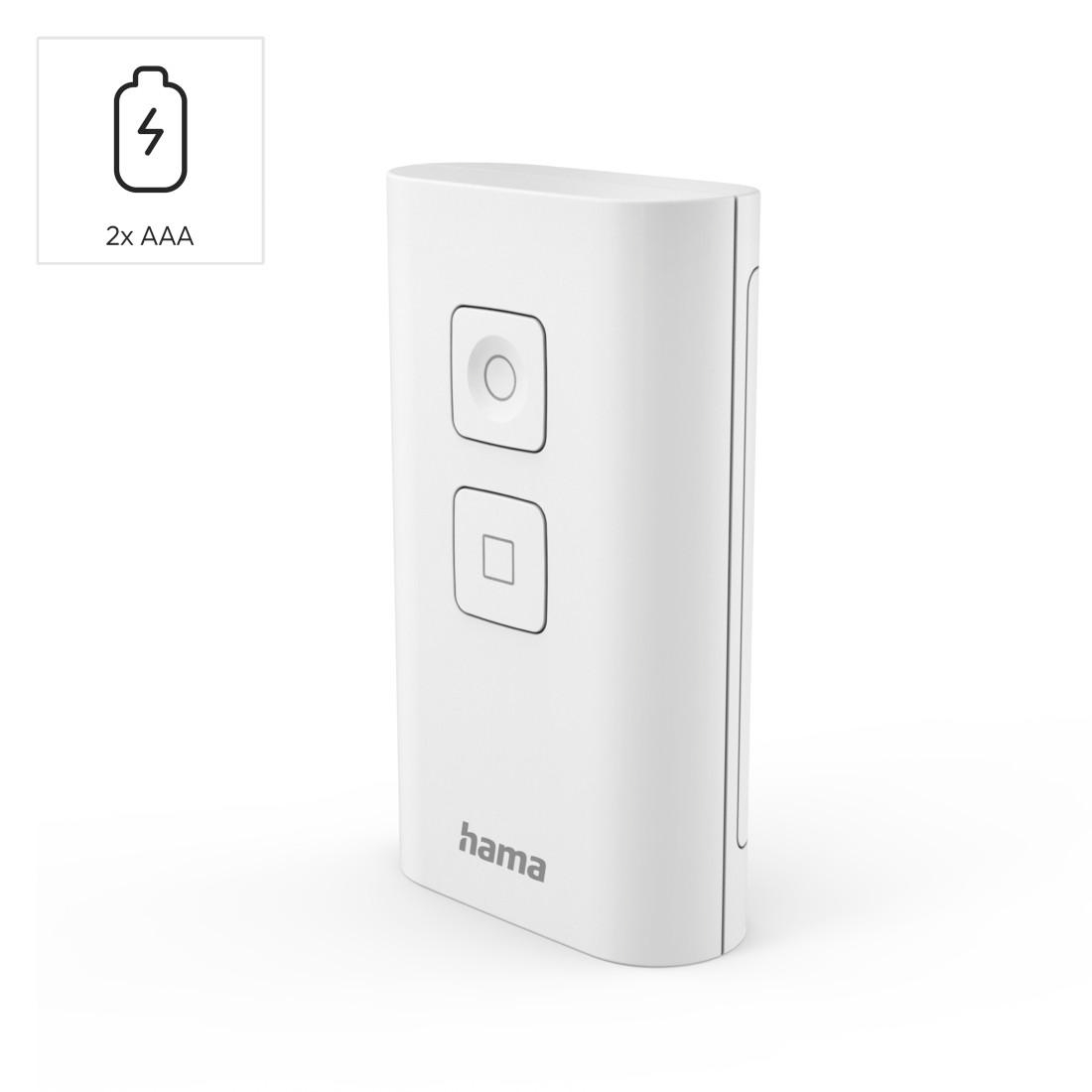 Ein weißes, rechteckiges Hama-Gerät mit zwei Knöpfen auf der Vorderseite und einem Batterie-Symbol oben links.