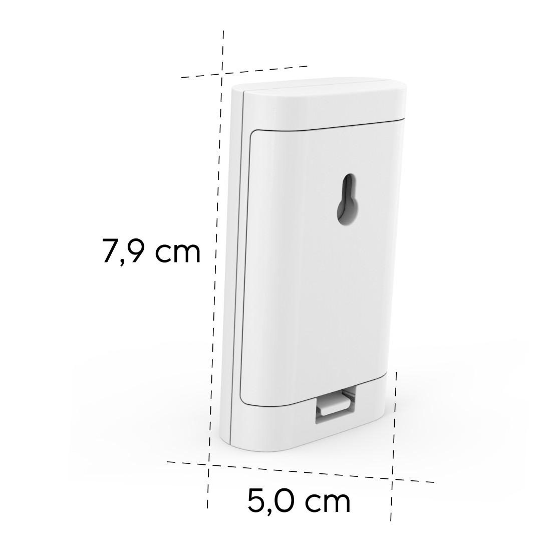 Weißes elektronisches Gerät mit Maßen von 7,9 cm Höhe und 5,0 cm Breite auf weißem Hintergrund.