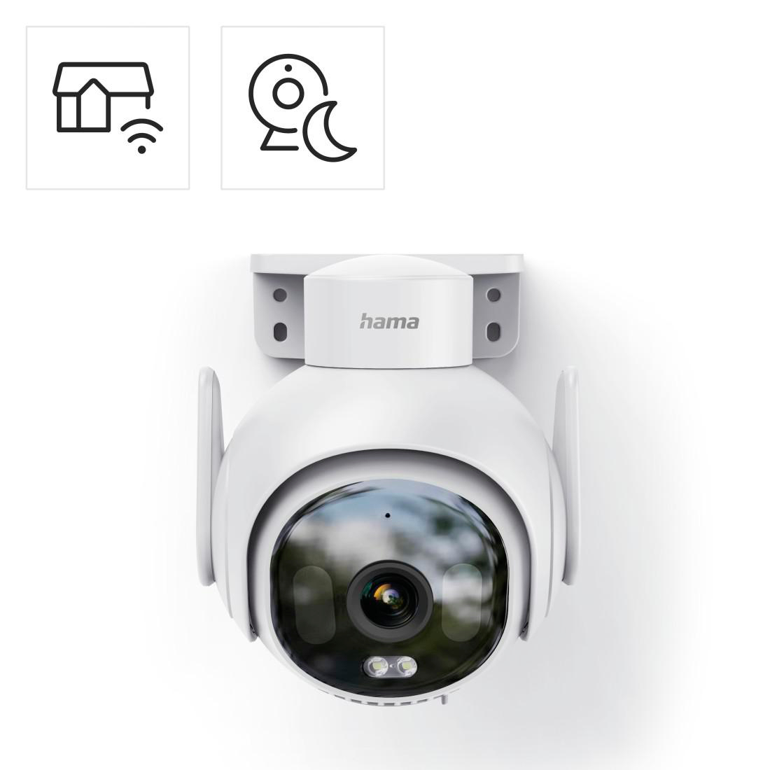 Weiße Hama Sicherheitskamera mit Antennen und zwei Icons oben.