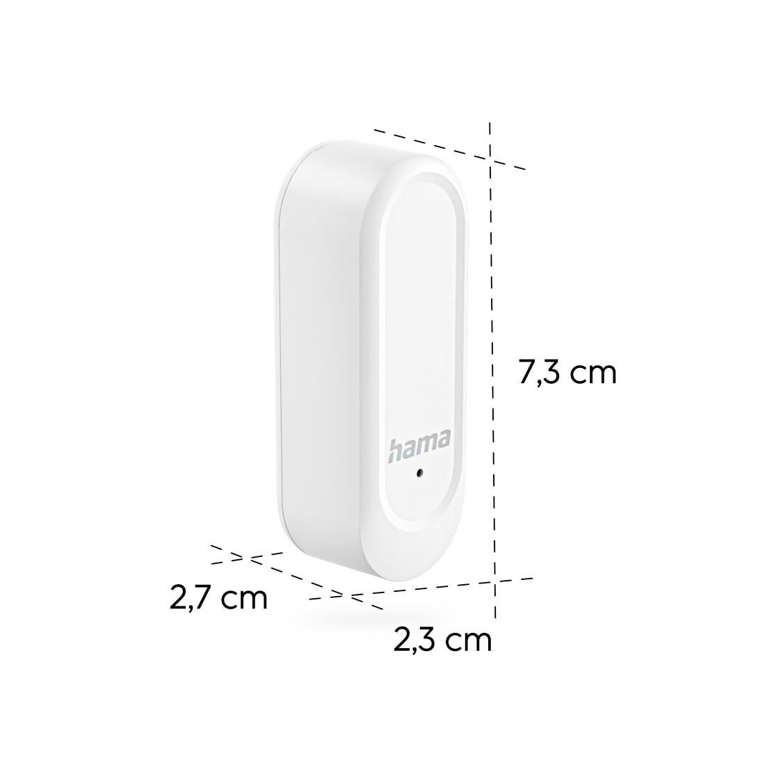 Weißes Hama-Sensorgerät mit Maßlinien für Höhe 7,3 cm, Breite 2,7 cm und Tiefe 2,3 cm.