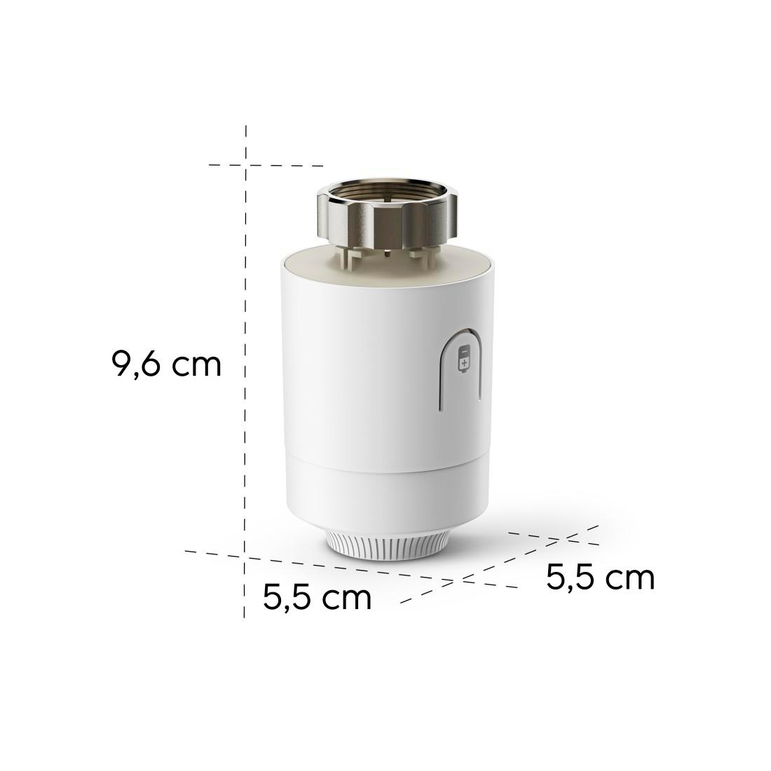 Ein weißes smartes Heizkörperthermostat mit 9,6 cm Höhe und 5,5 cm Breite.