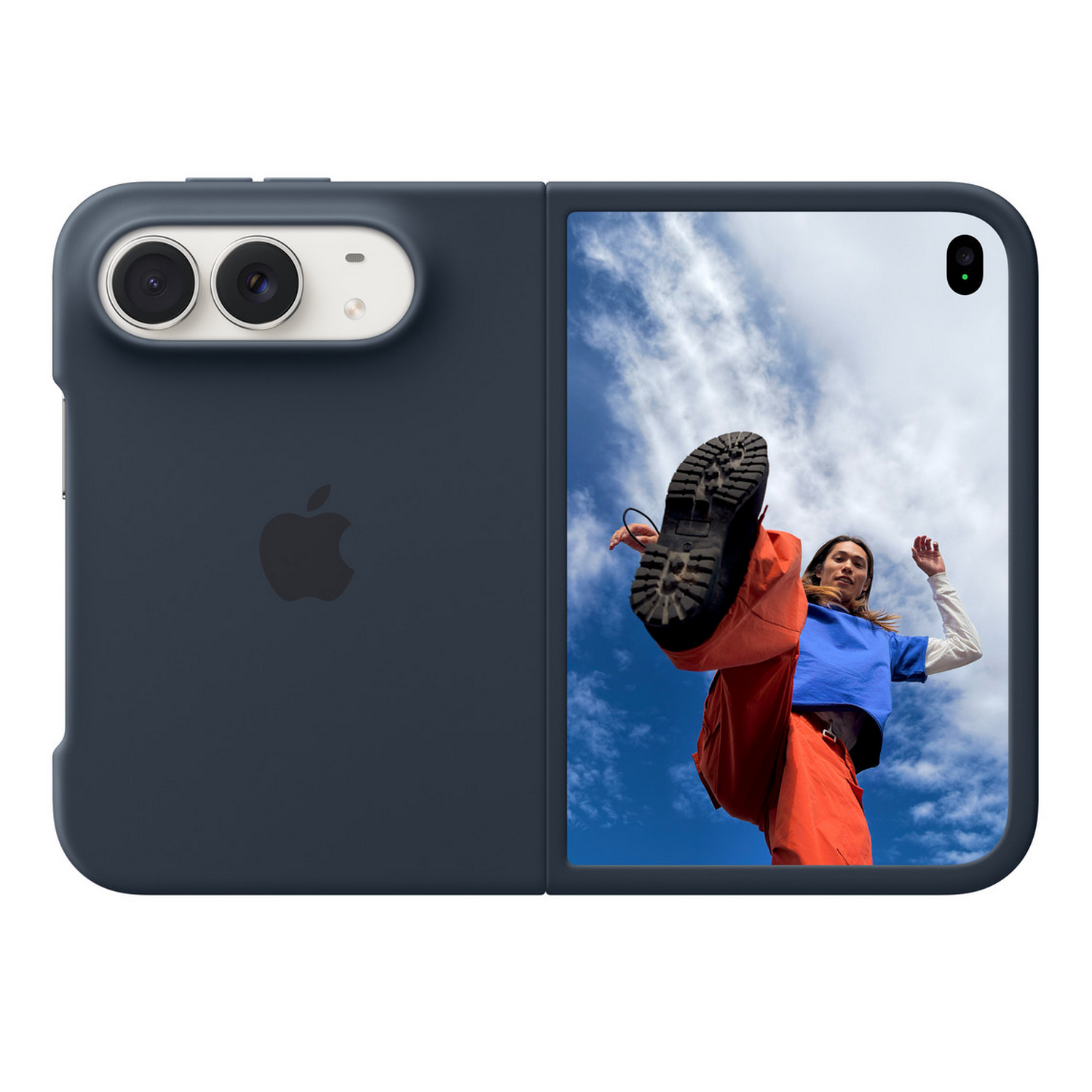 Un smartphone plegable azul con dos cámaras y el logo de Apple muestra a un hombre saltando en la pantalla.