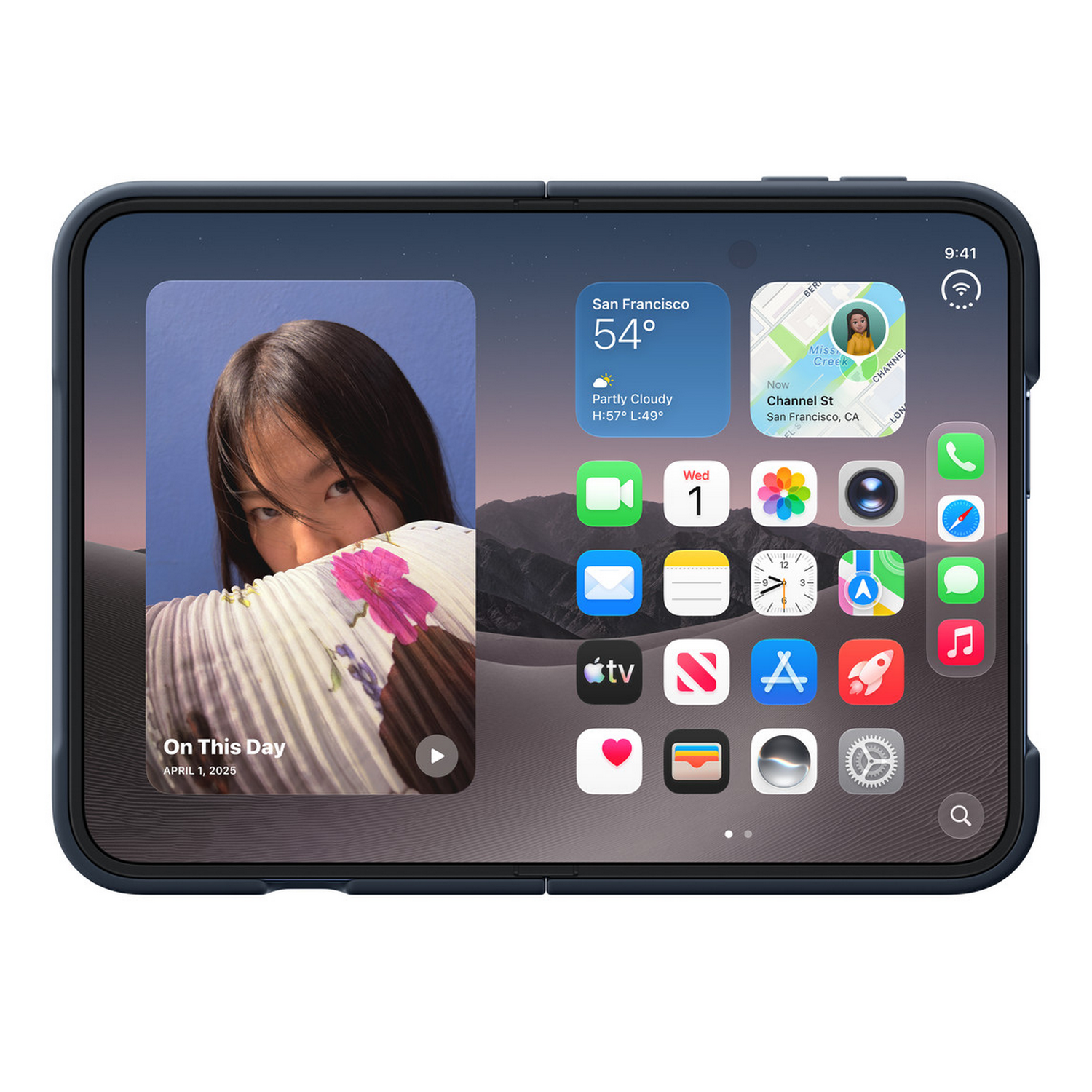 Una tableta con funda muestra la pantalla de inicio con un widget del tiempo, calendario e iconos de aplicaciones.