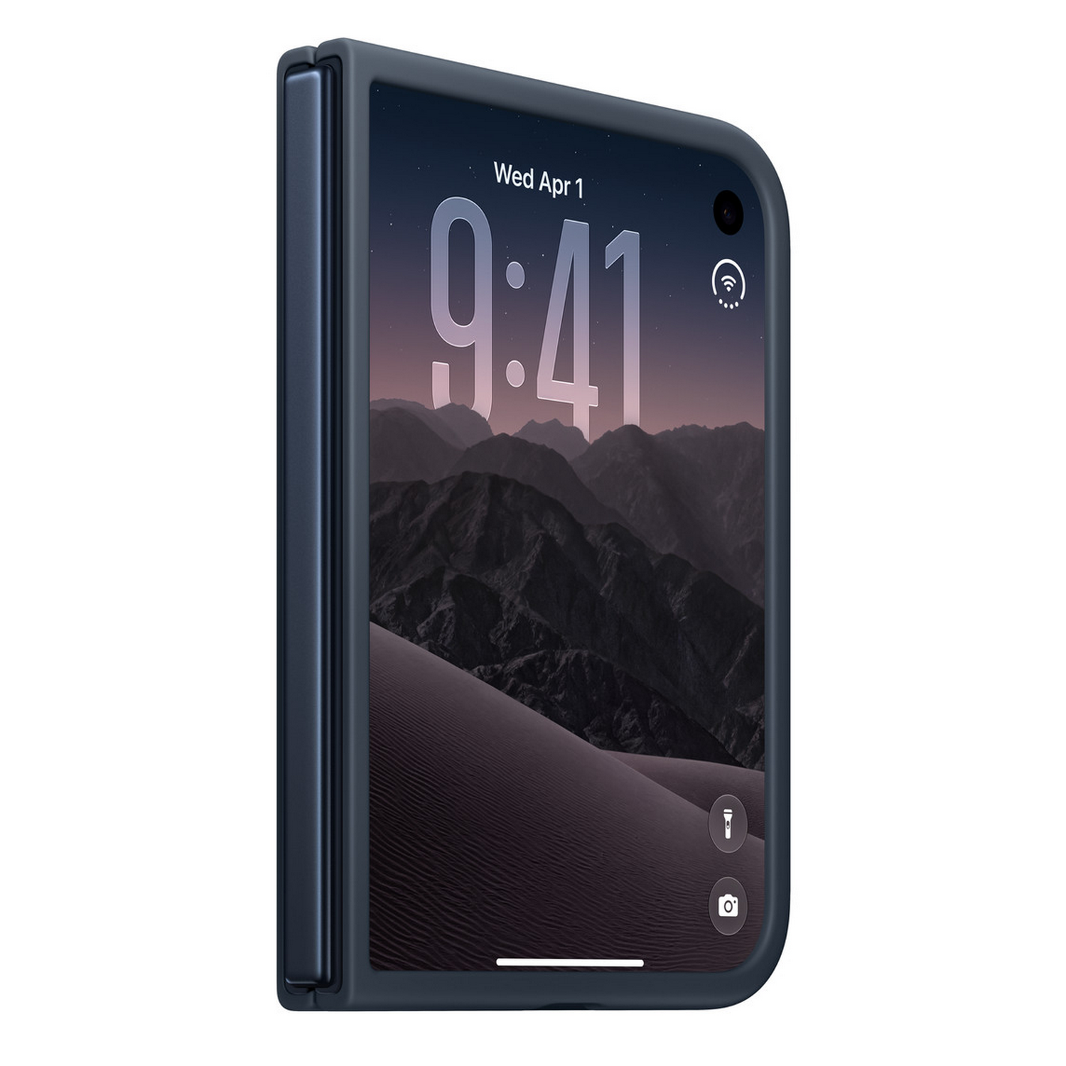 Un smartphone plegable azul muestra una pantalla con montañas al atardecer y la hora 9:41.