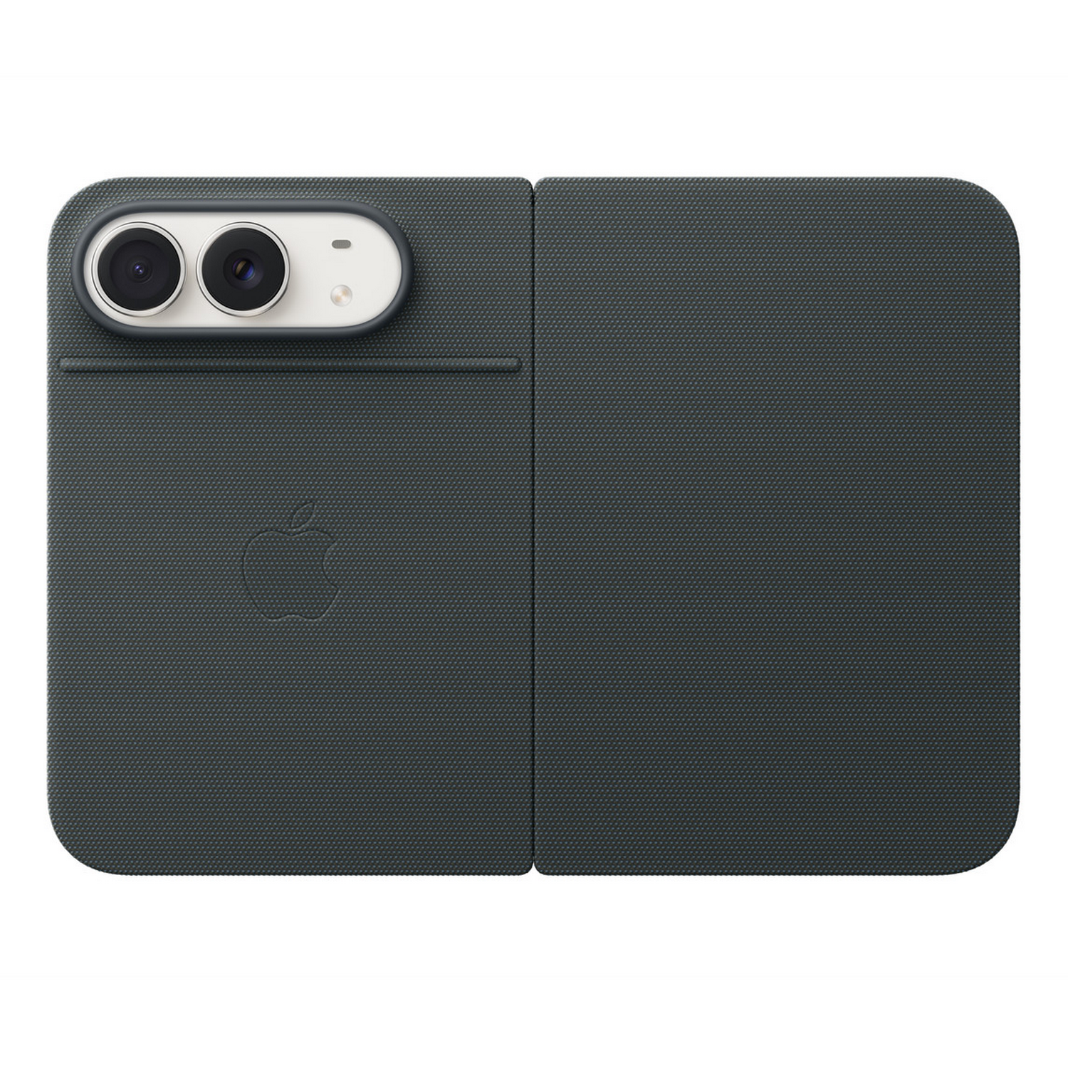 Fundas para iPhone de tejido gris oscuro con dos cámaras arriba a la izquierda y un logotipo de Apple.