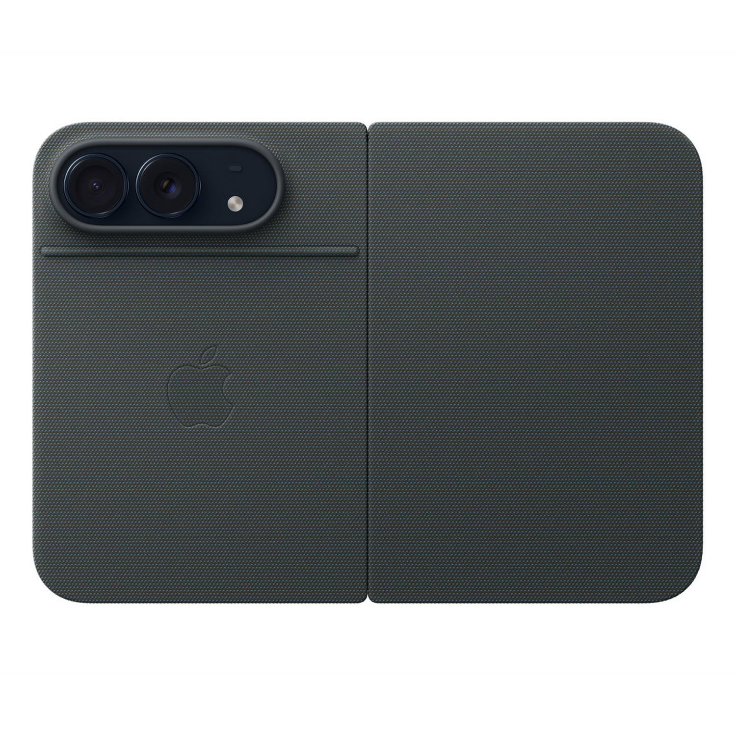 Funda protectora plegable gris oscuro con el logo de Apple visible y un módulo de cámara elevado.