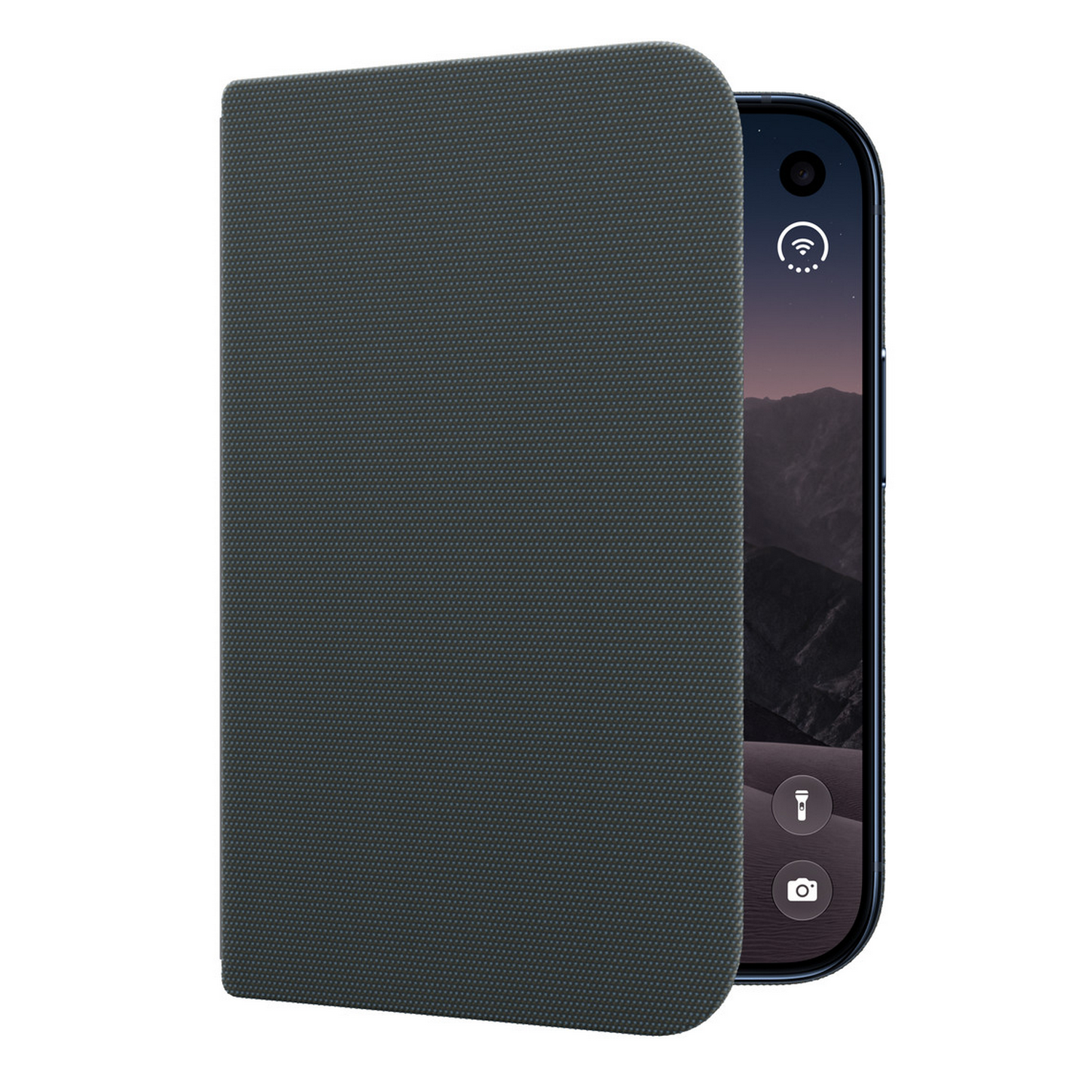Un teléfono inteligente con funda texturizada gris y pantalla encendida.