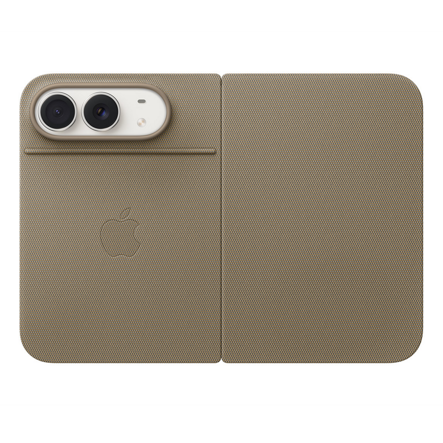 Funda protectora texturizada beige con módulo de cámara integrado arriba a la izquierda y logotipo de Apple.