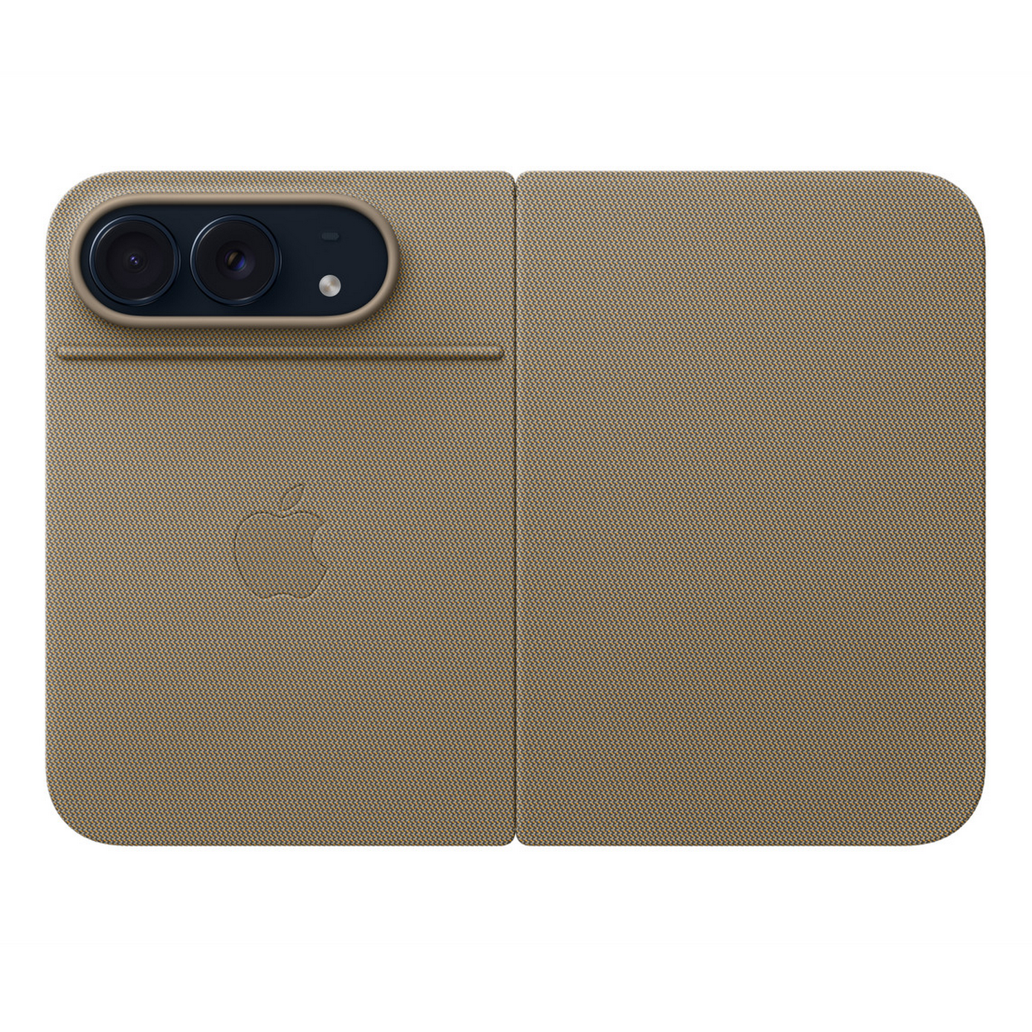 Una funda beige con doble cámara y el logotipo de Apple.