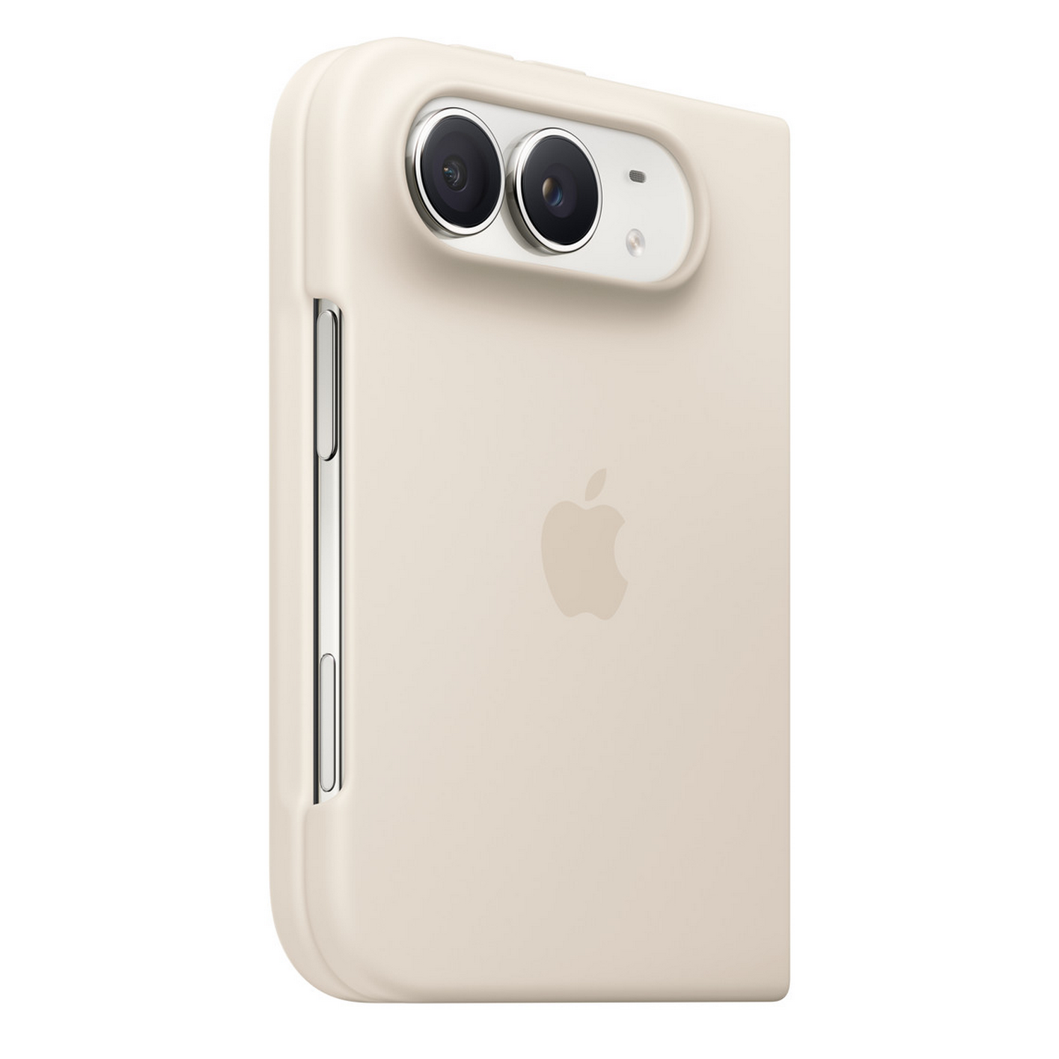 Fund beige para iPhone con dos cámaras traseras y botones de volumen visibles.