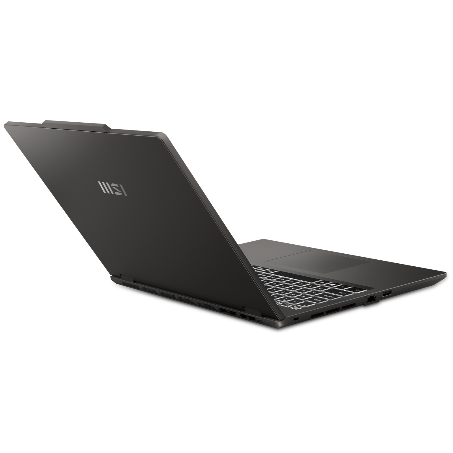 Un ordinateur portable MSI noir vu de dos et de côté, montrant le clavier éclairé et le couvercle.