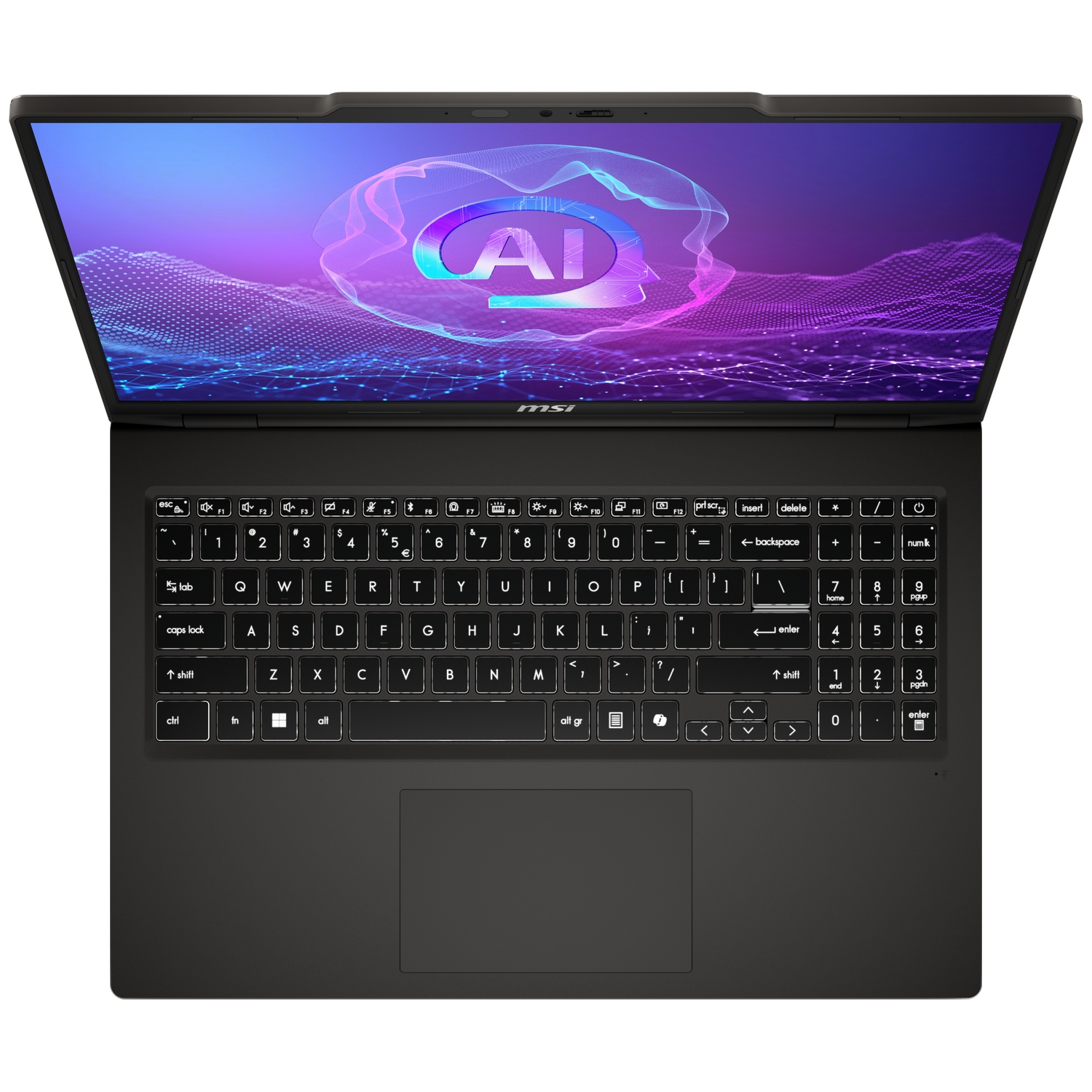 Vue de dessus d'un ordinateur portable MSI noir avec clavier rétroéclairé et écran AI bleu-violet.