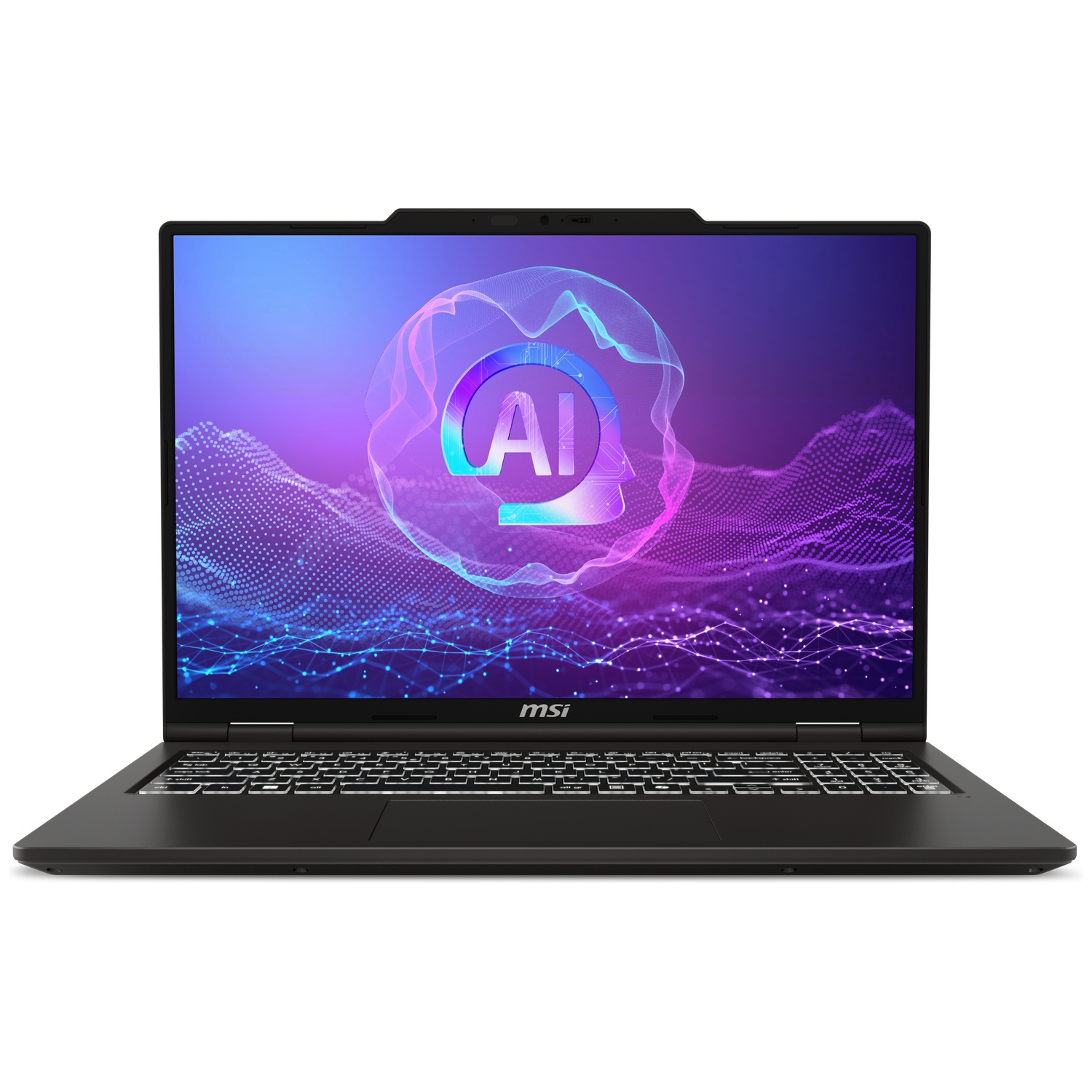 Un ordinateur portable MSI noir affiche un graphique IA bleu et violet sur son écran.
