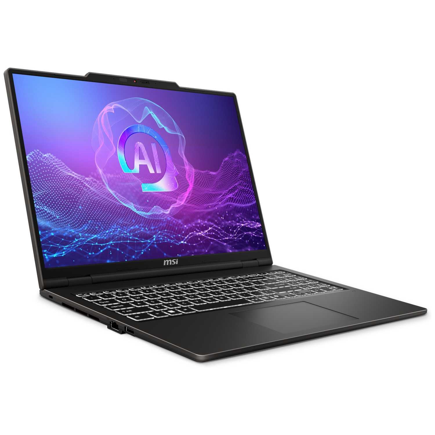 Ordinateur portable MSI noir avec clavier rétroéclairé et fond d'écran graphique IA bleu.