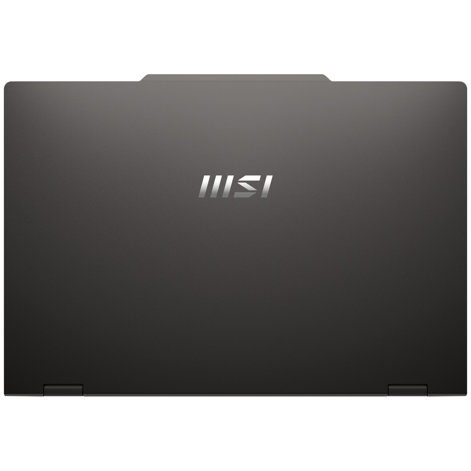 Ordinateur portable MSI gris foncé fermé avec un logo argenté au centre sur fond blanc.