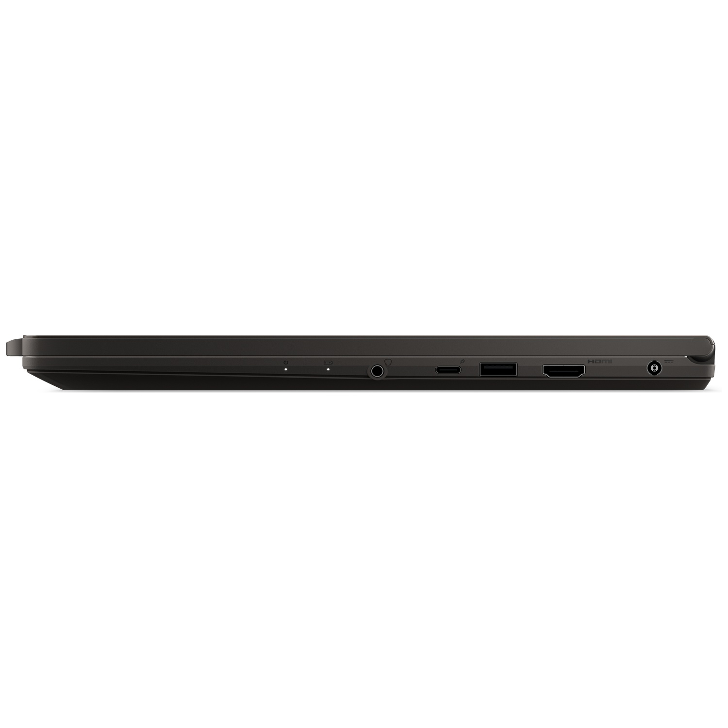 Vue latérale d'un ordinateur portable sombre avec des ports USB, HDMI et prise casque.