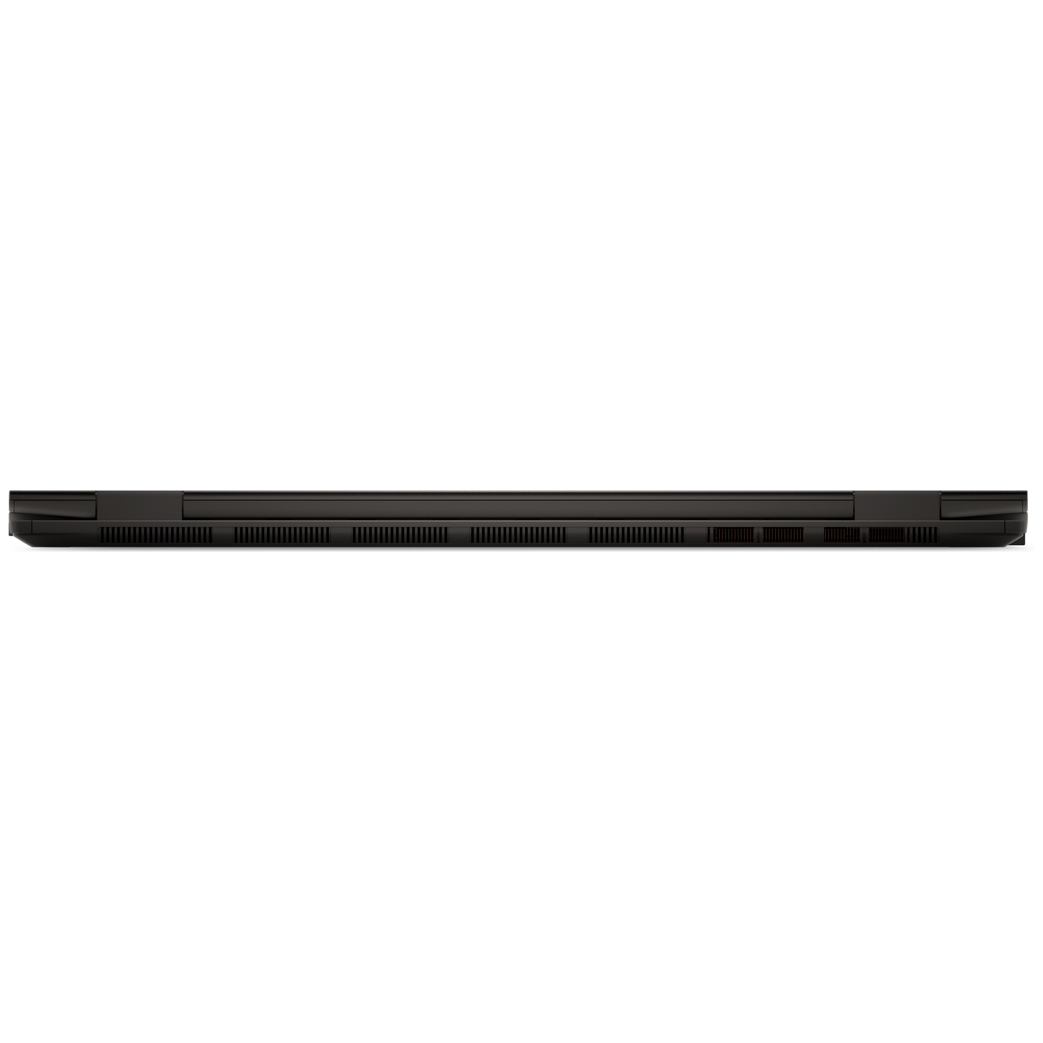 Vue arrière d'un ordinateur portable noir fermé avec des fentes de ventilation sur fond blanc.