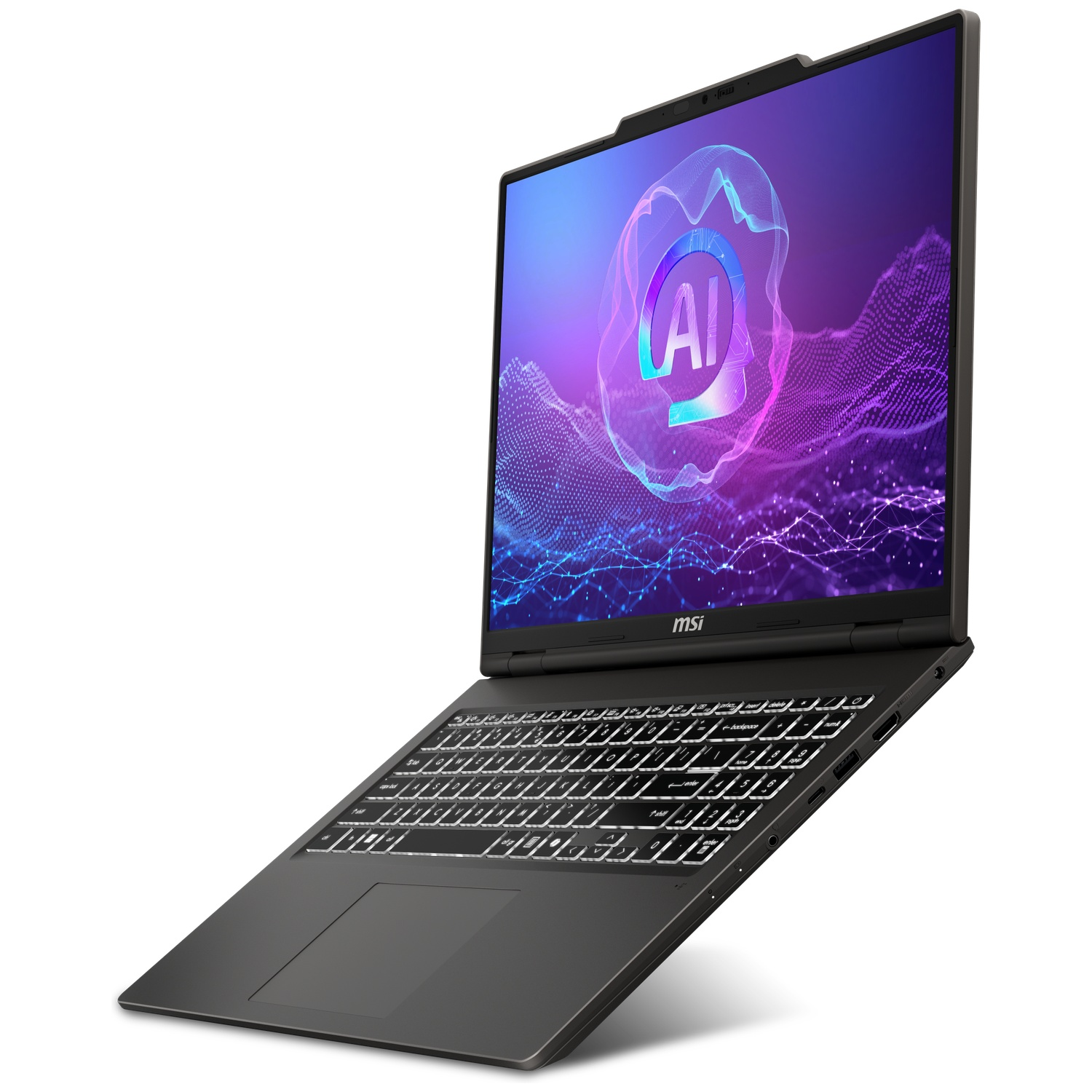 Un ordinateur portable MSI noir affichant un graphique IA, vu en contre-plongée sur fond blanc.