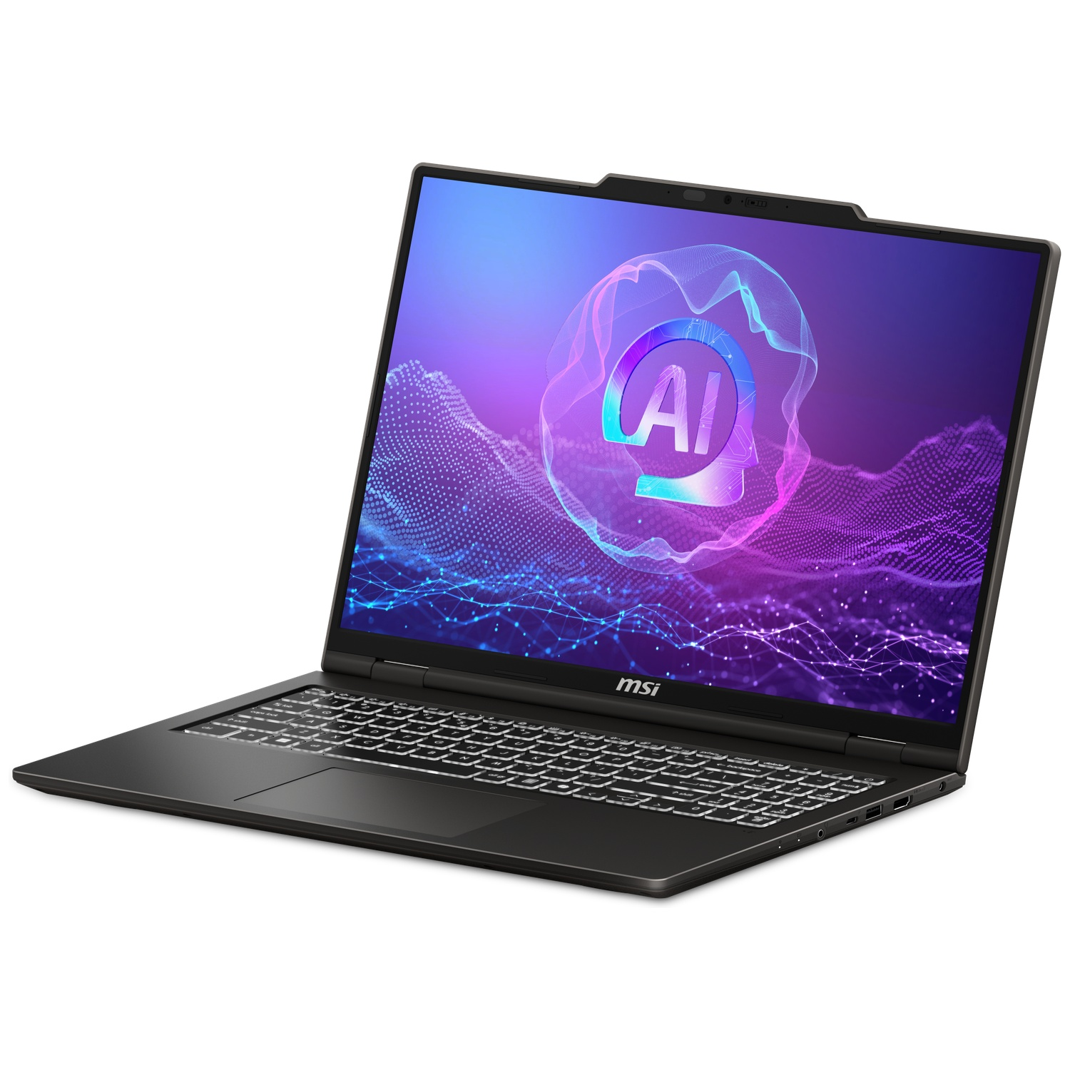 Ordinateur portable MSI noir avec clavier rétroéclairé et fond d'écran graphique IA bleu.