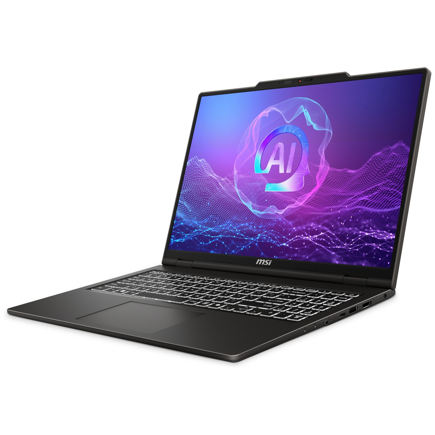 Un ordinateur portable MSI noir avec clavier rétroéclairé affiche un graphique IA coloré sur fond blanc.