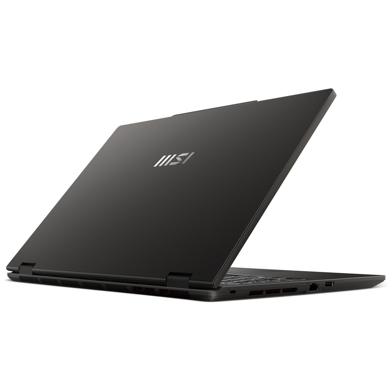 Un ordinateur portable MSI noir légèrement ouvert sur fond blanc avec un logo argenté.